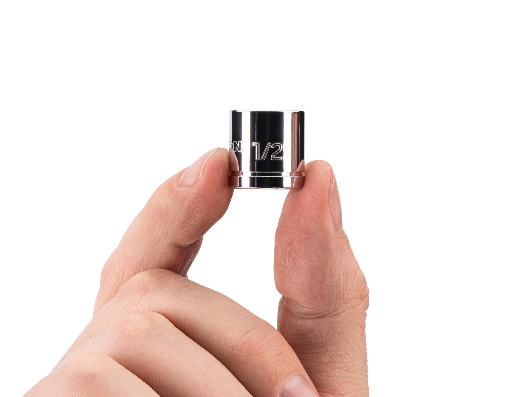 Person holding Tekton hand drive 6-point socket. Item #SHD11013