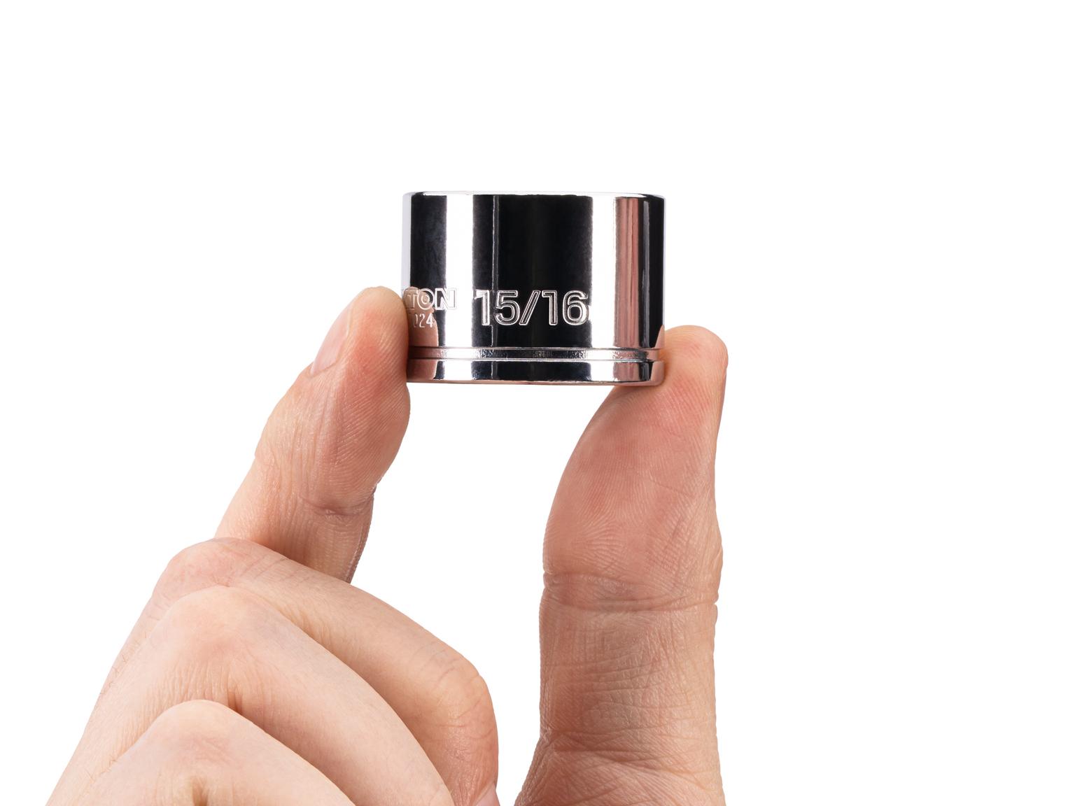 Person holding Tekton hand drive 6-point socket. Item #SHD11024