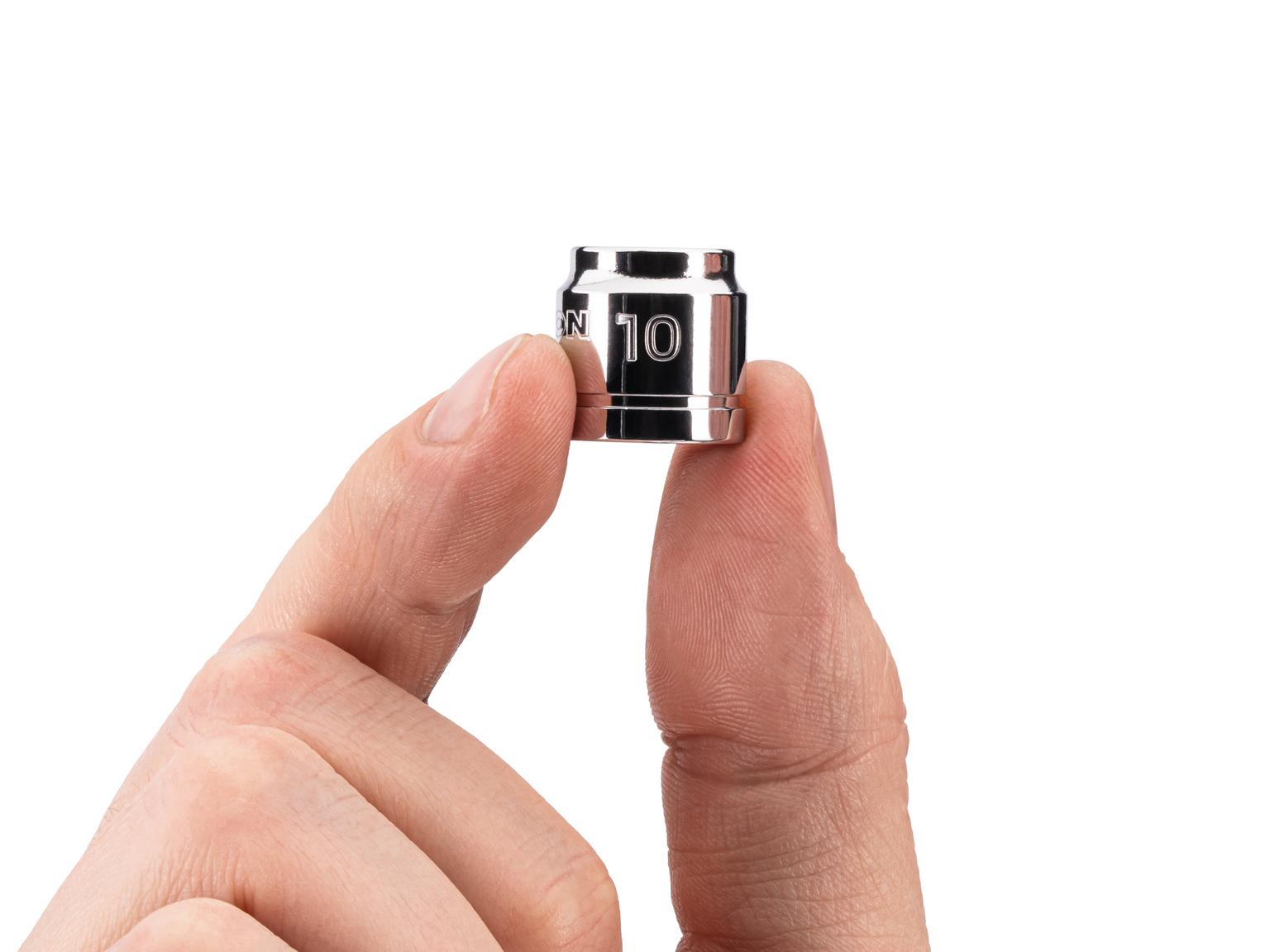 Person holding Tekton hand drive 6-point socket. Item #SHD11110