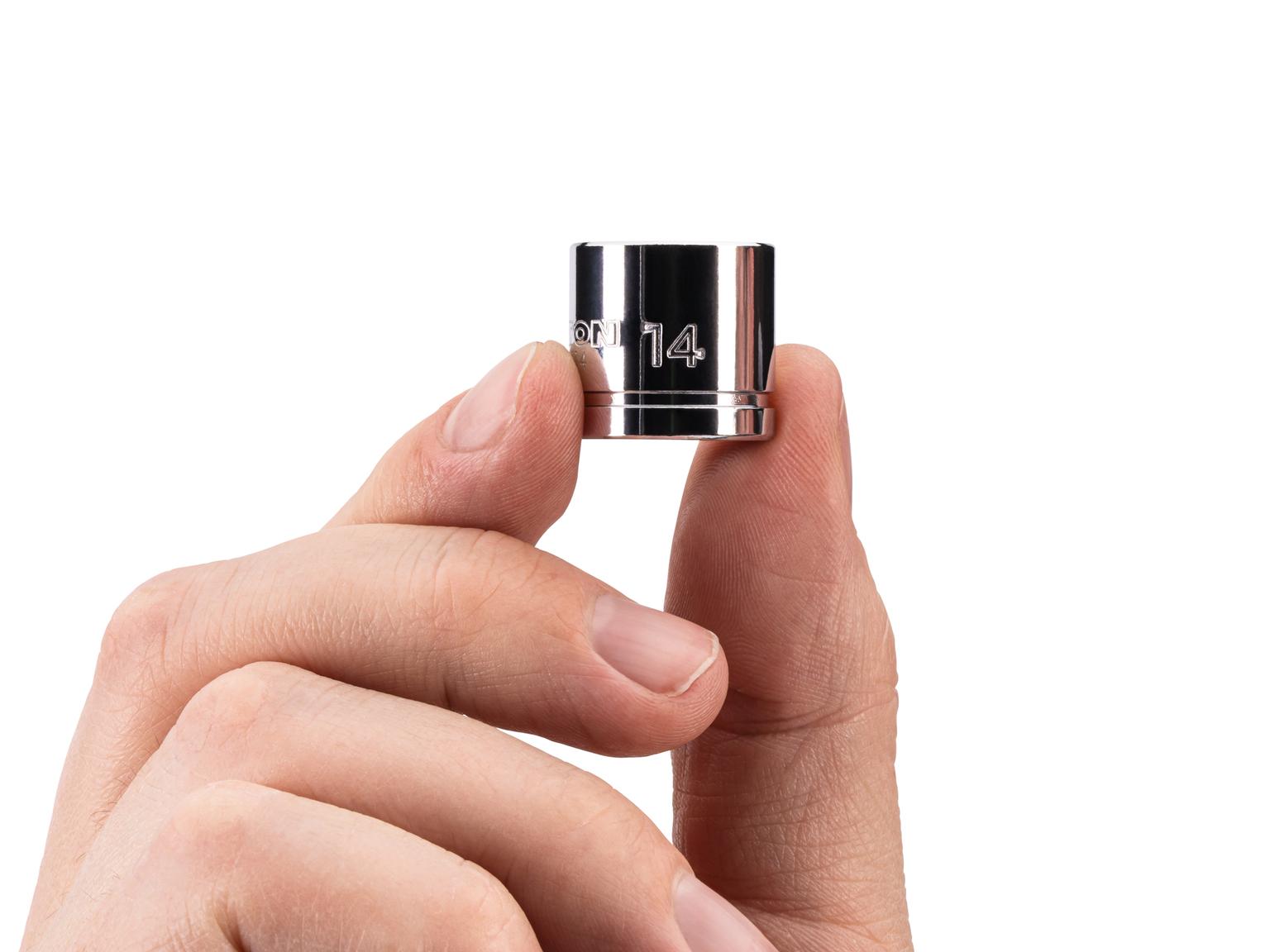 Person holding Tekton hand drive 6-point socket. Item #SHD11114