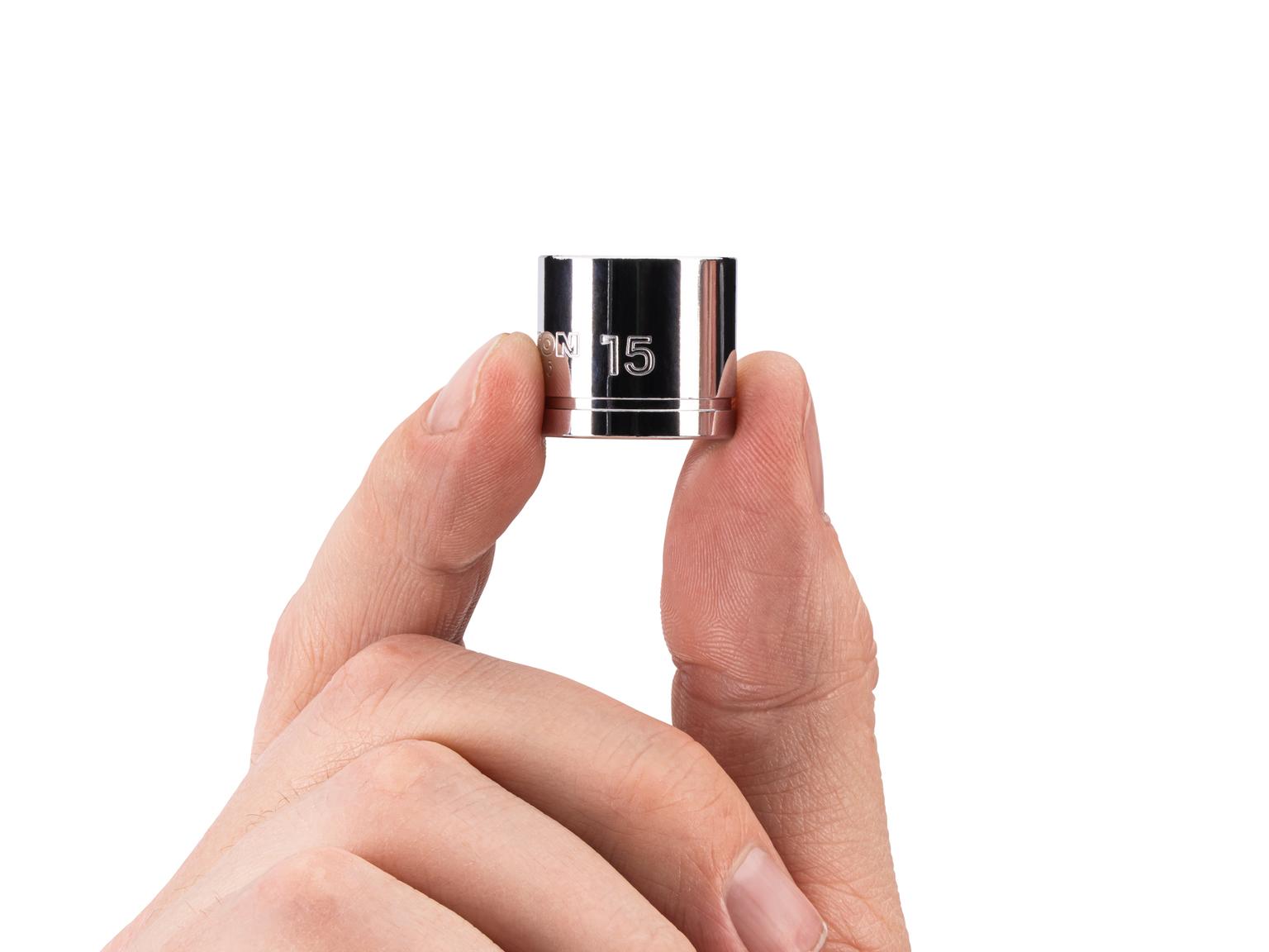 Person holding Tekton hand drive 6-point socket. Item #SHD11115