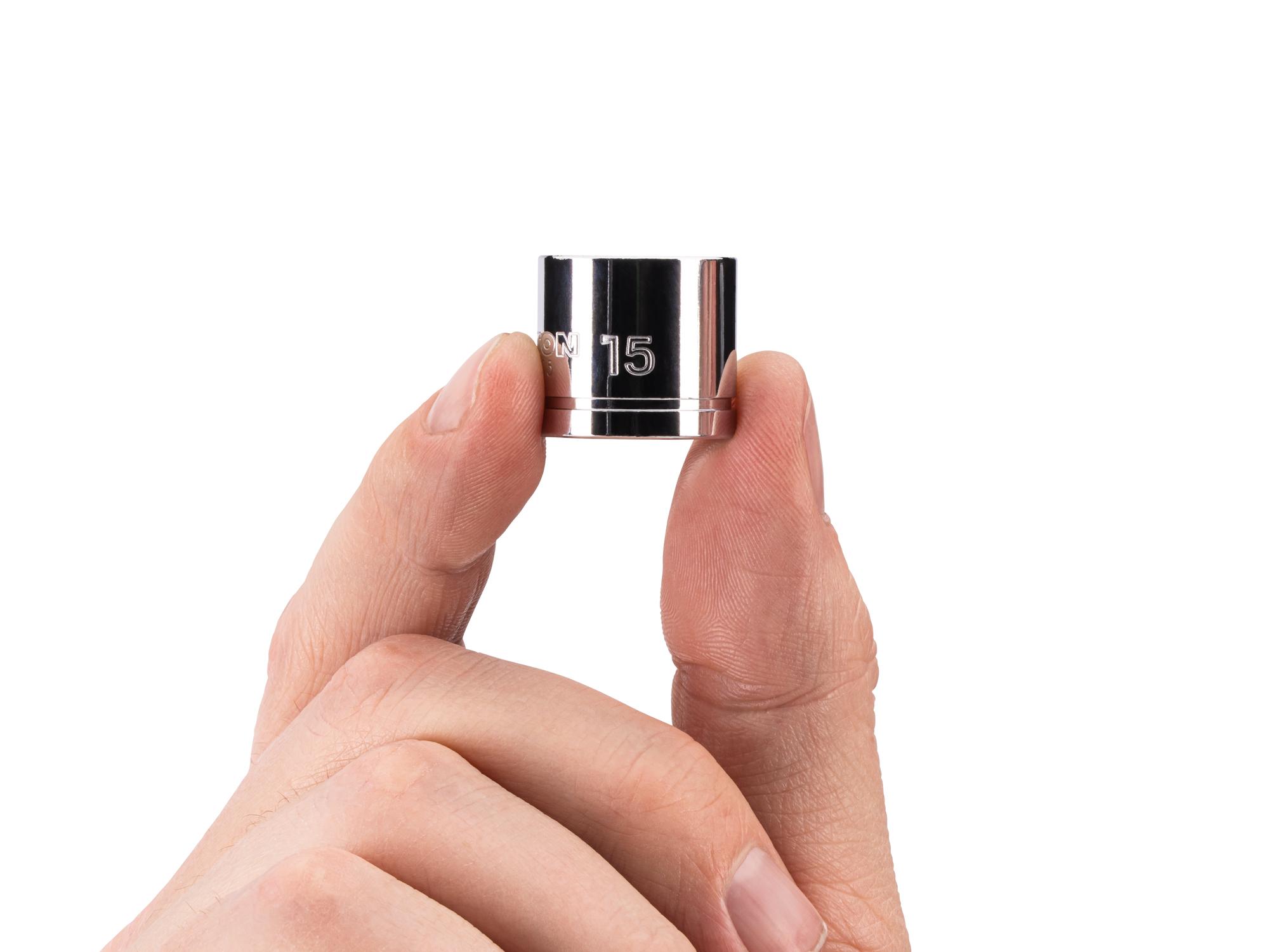 Person holding Tekton hand drive 6-point socket. Item #SHD11115
