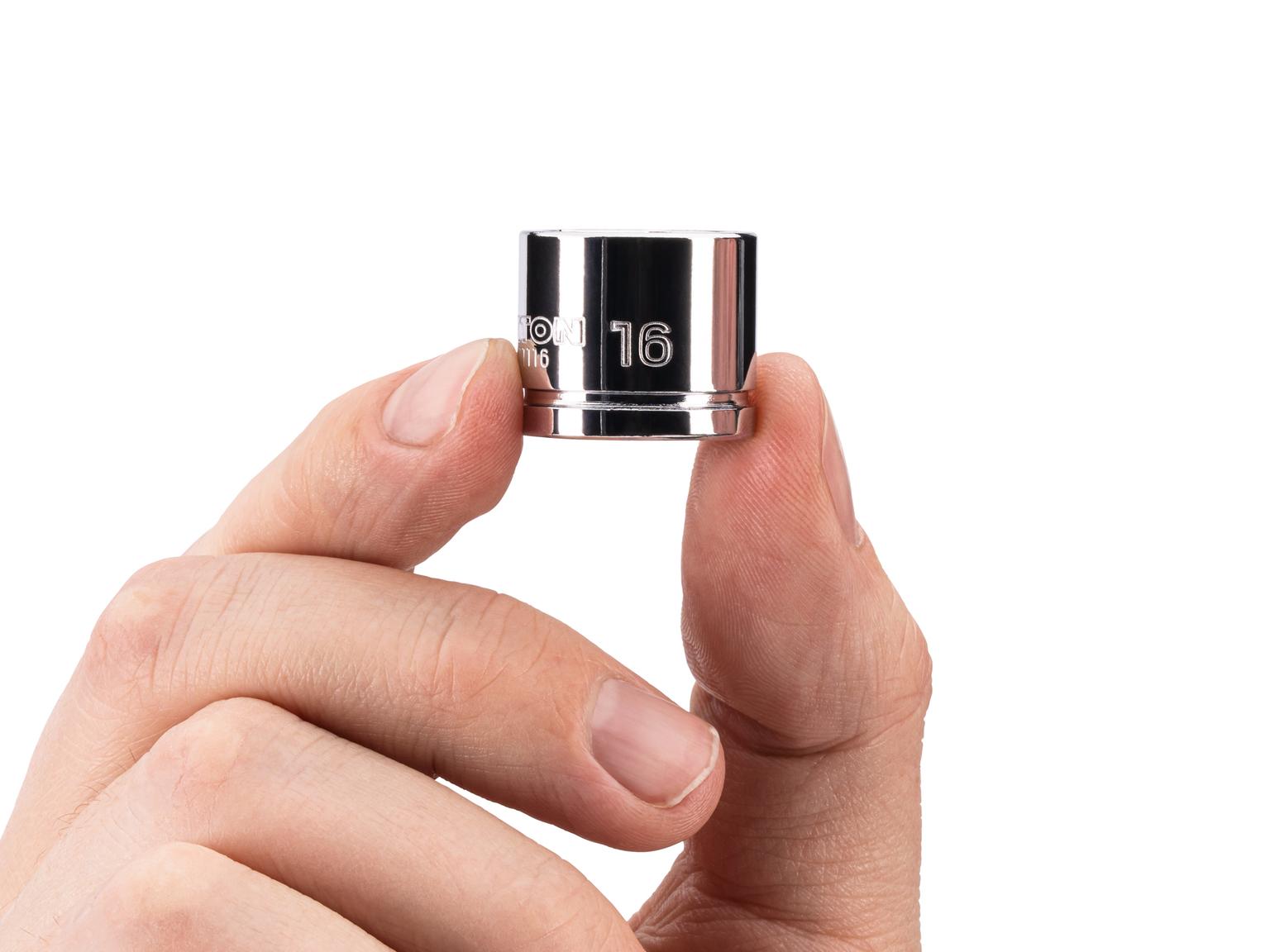 Person holding Tekton hand drive 6-point socket. Item #SHD11116