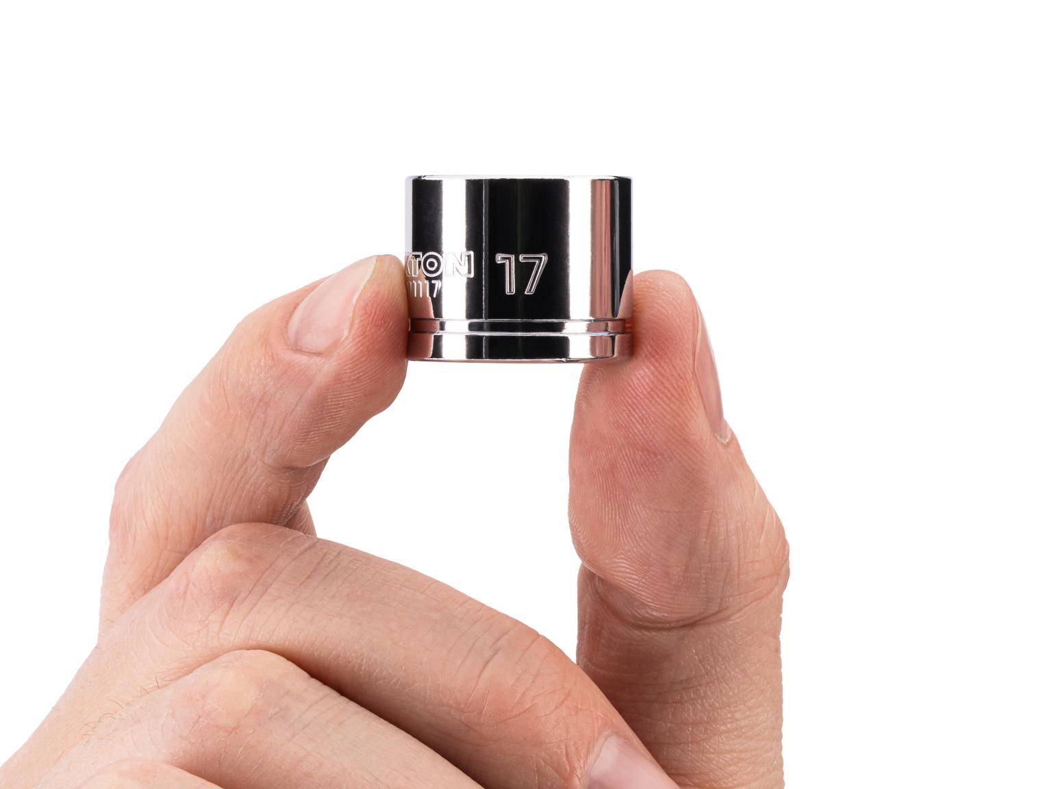 Person holding Tekton hand drive 6-point socket. Item #SHD11117