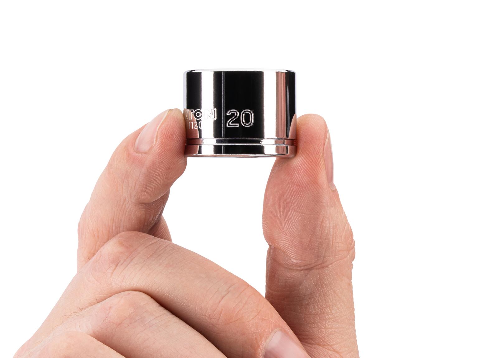 Person holding Tekton hand drive 6-point socket. Item #SHD11120