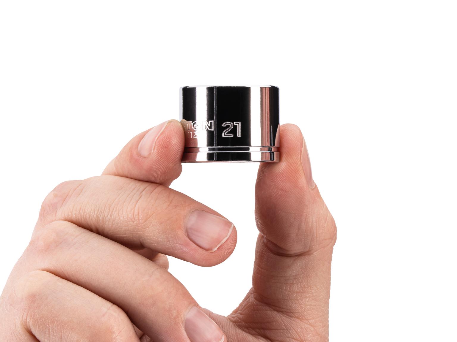 Person holding Tekton hand drive 6-point socket. Item #SHD11121