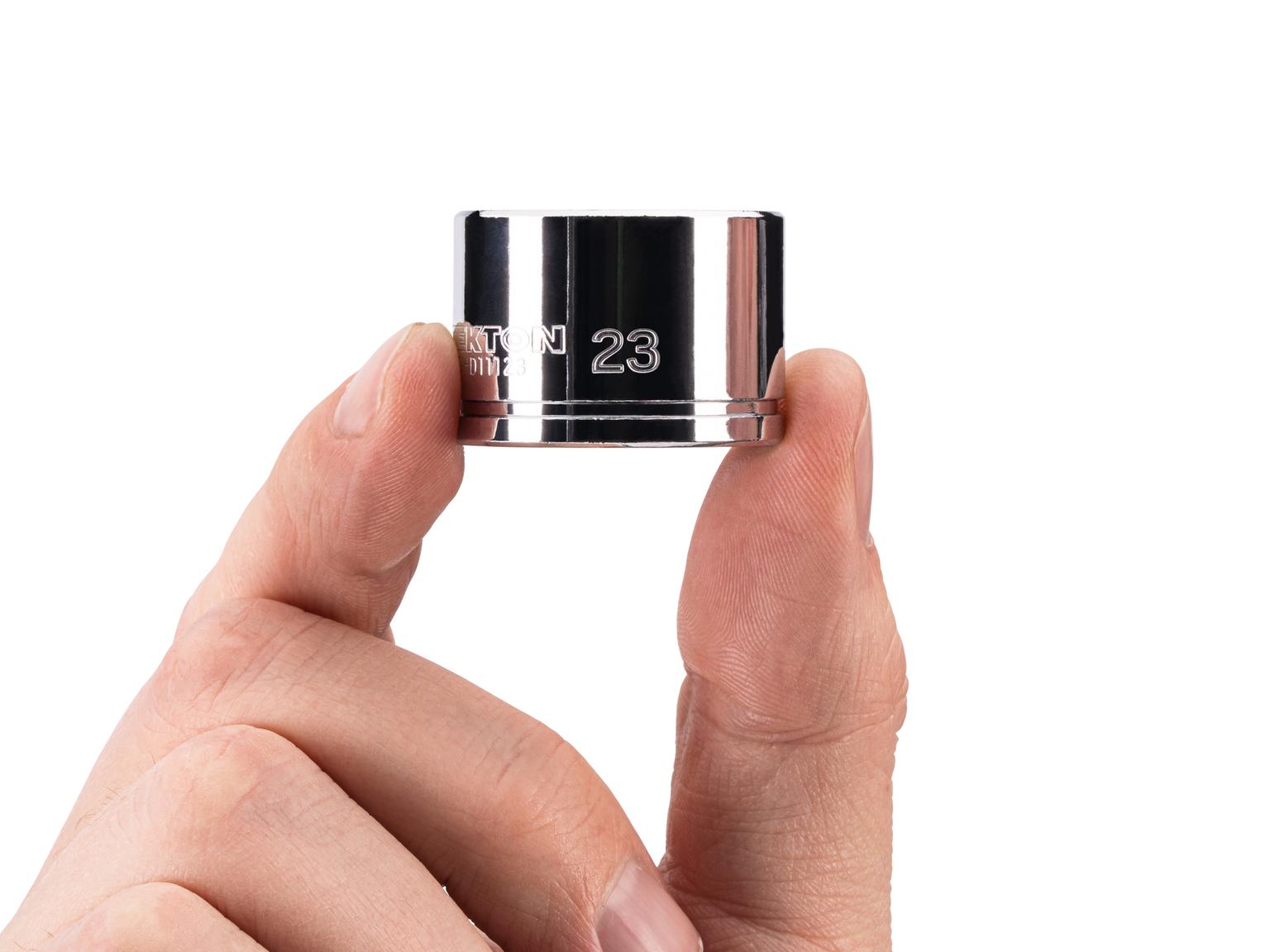 Person holding Tekton hand drive 6-point socket. Item #SHD11123