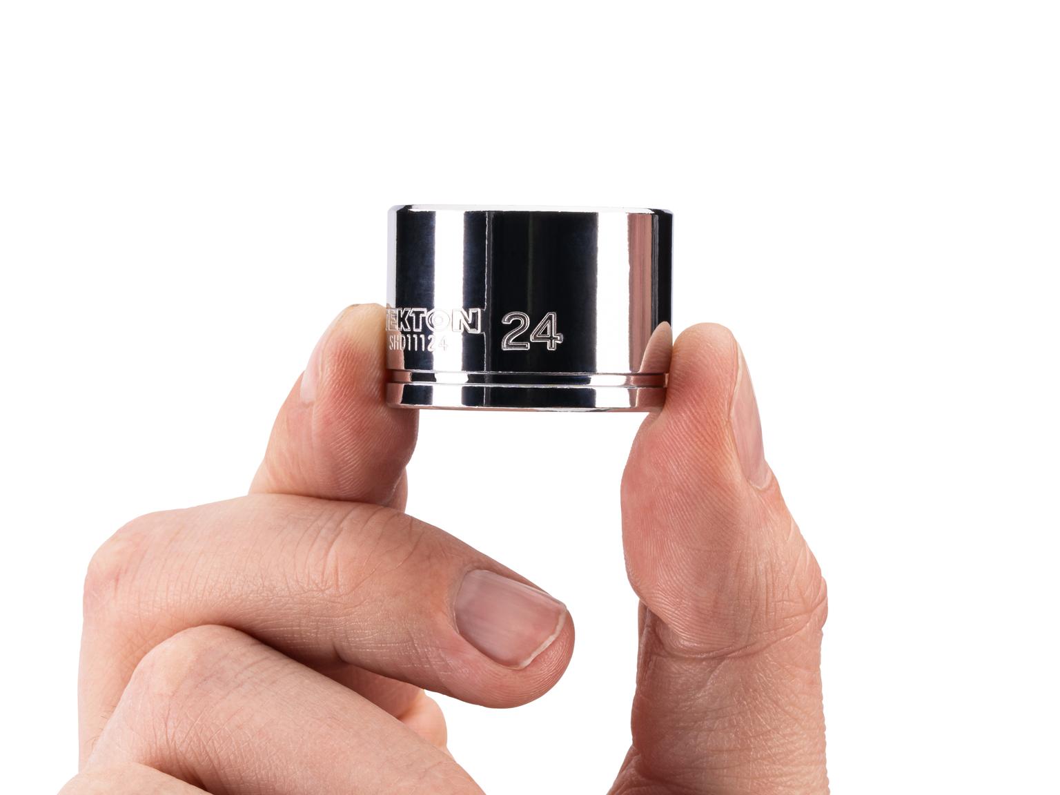 Person holding Tekton hand drive 6-point socket. Item #SHD11124