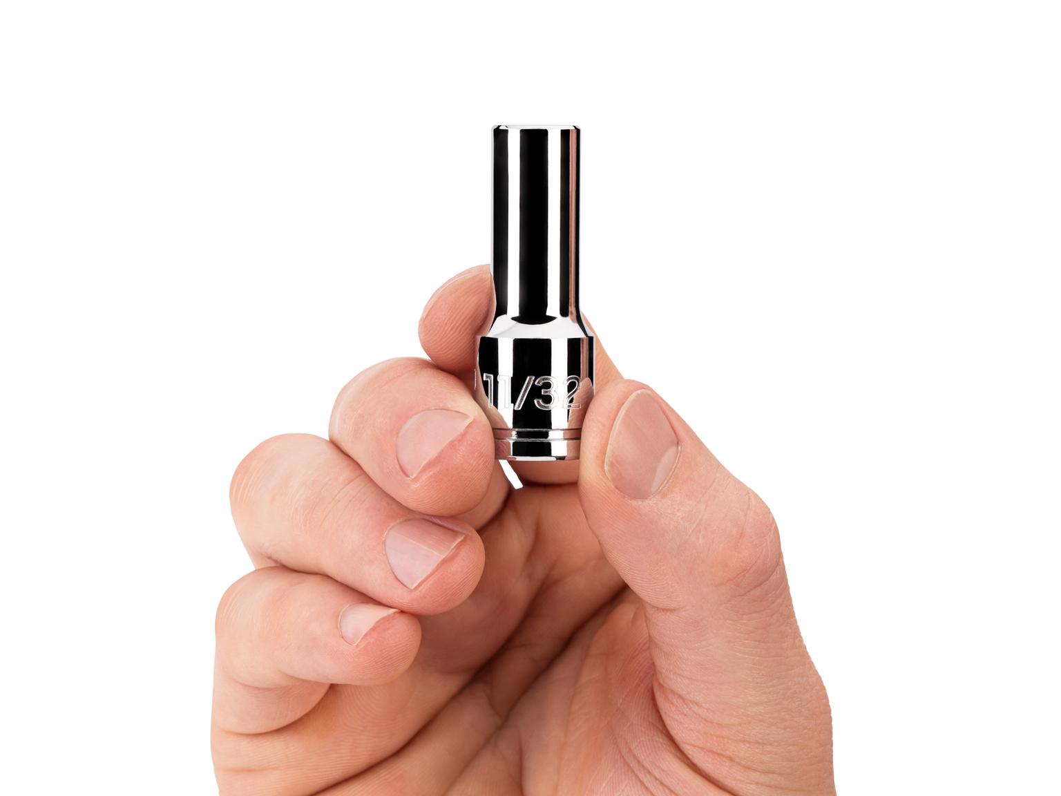 Person holding Tekton 11/32 inch hand drive 6-point socket. Item #SHD14009