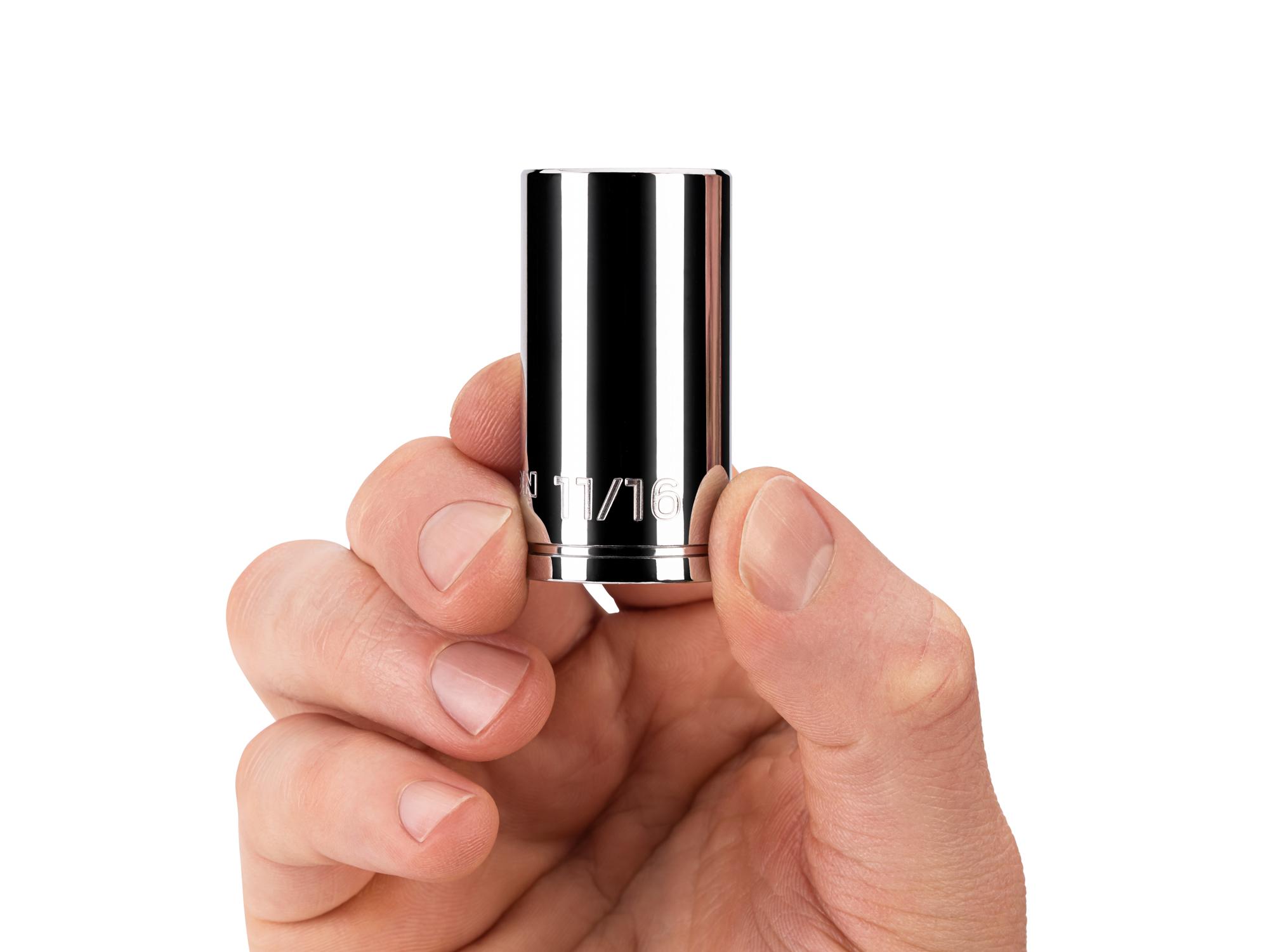 Person holding Tekton hand drive 6-point socket. Item #SHD14017