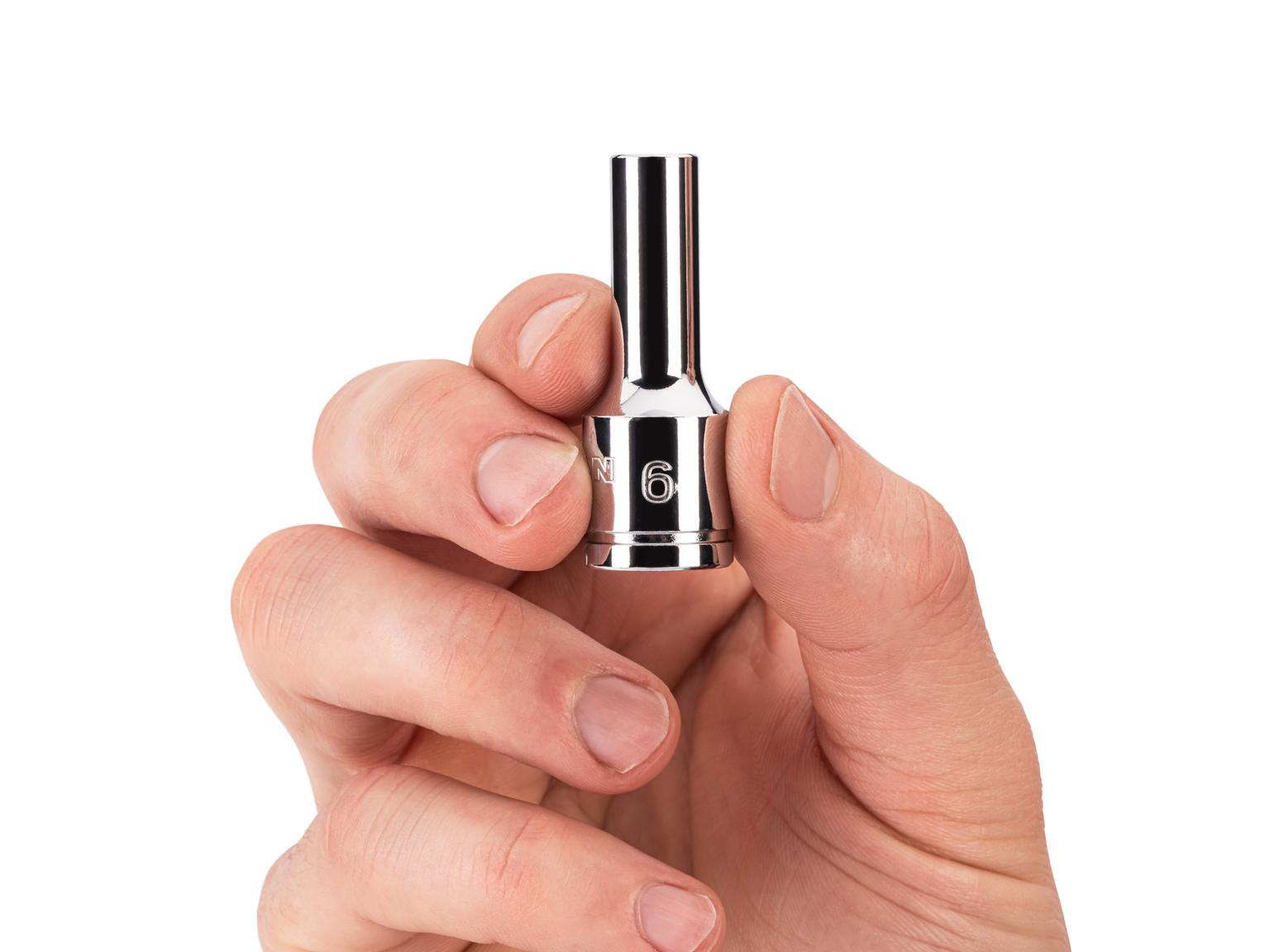 Person holding Tekton 6 millimeter hand drive 6-point socket. Item #SHD14106