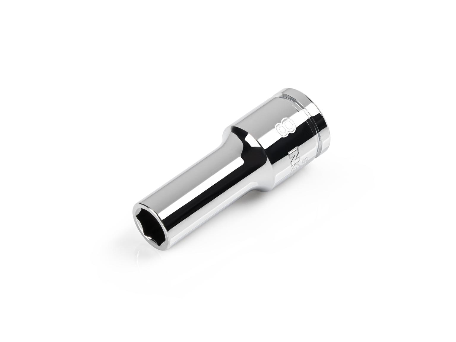 Front-right angle view of Tekton 8 millimeter hand drive 6-point socket. Item #SHD14108