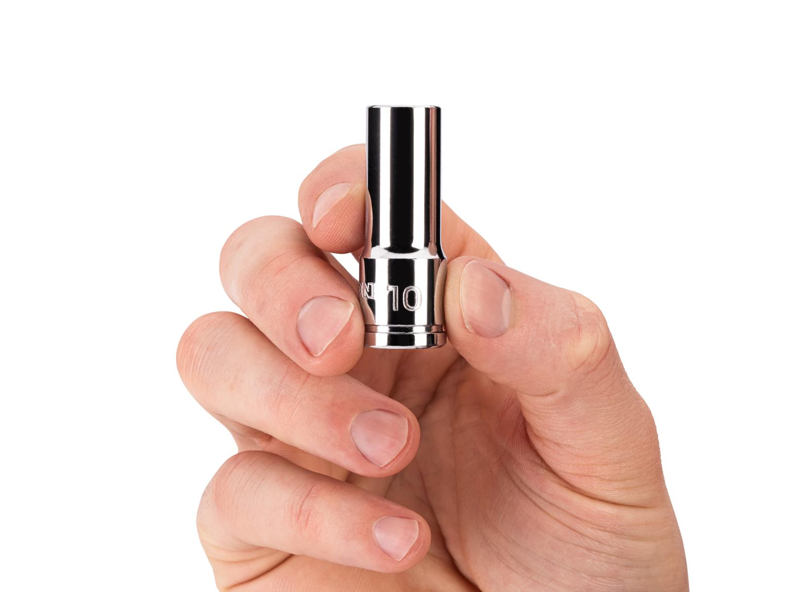 Person holding Tekton 10 millimeter hand drive 6-point socket. Item #SHD14110