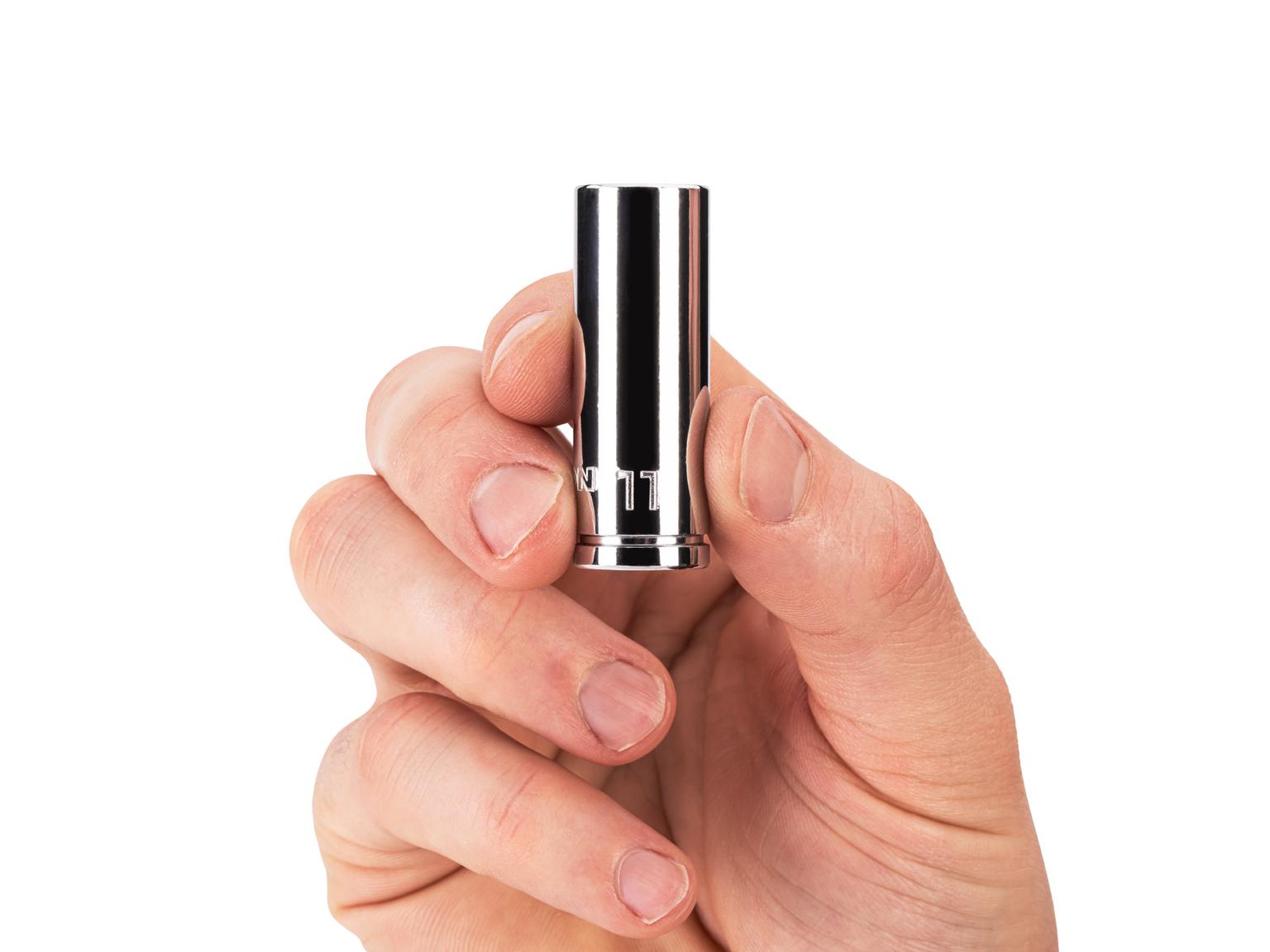 Person holding Tekton 11 millimeter hand drive 6-point socket. Item #SHD14111