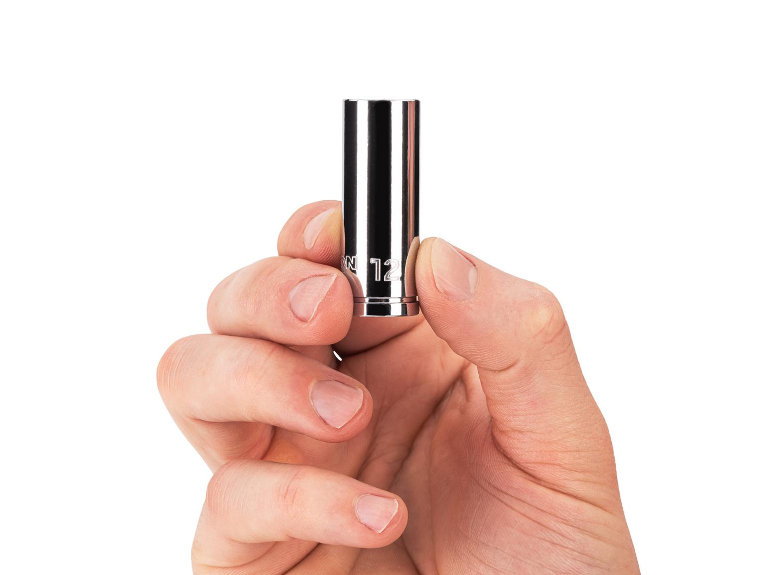 Person holding Tekton 12 millimeter hand drive 6-point socket. Item #SHD14112