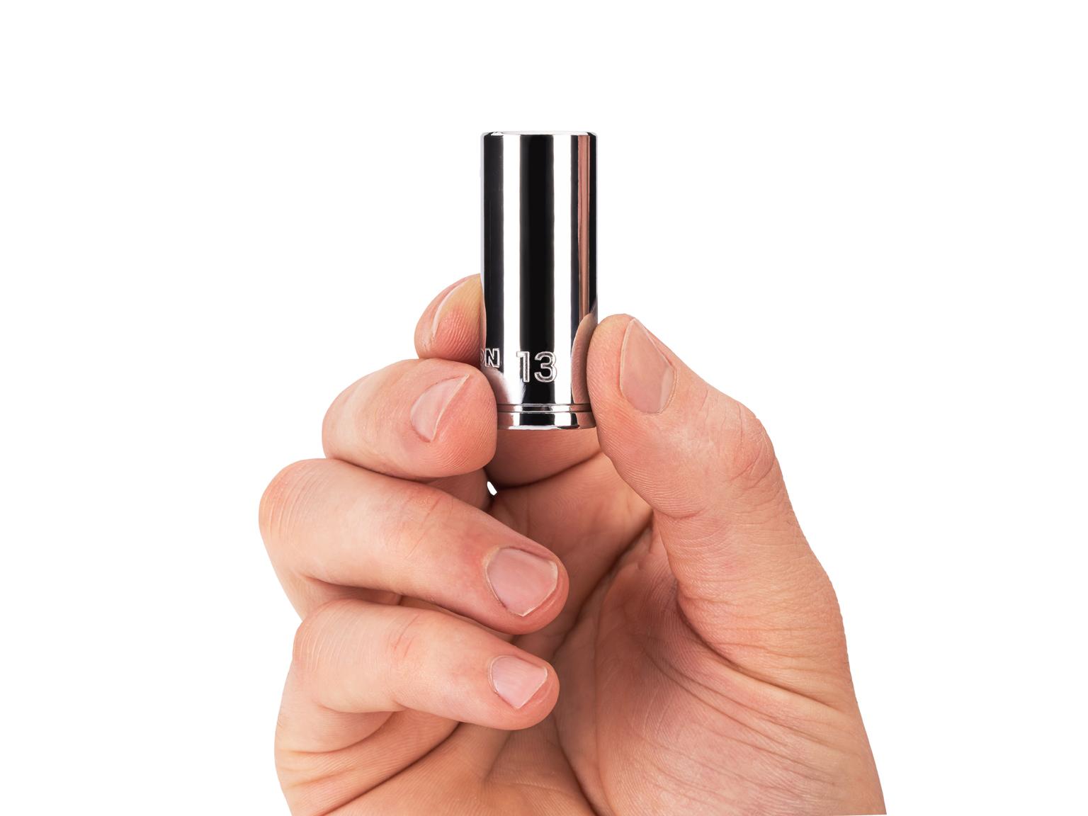 Person holding Tekton 13 millimeter hand drive 6-point socket. Item #SHD14113