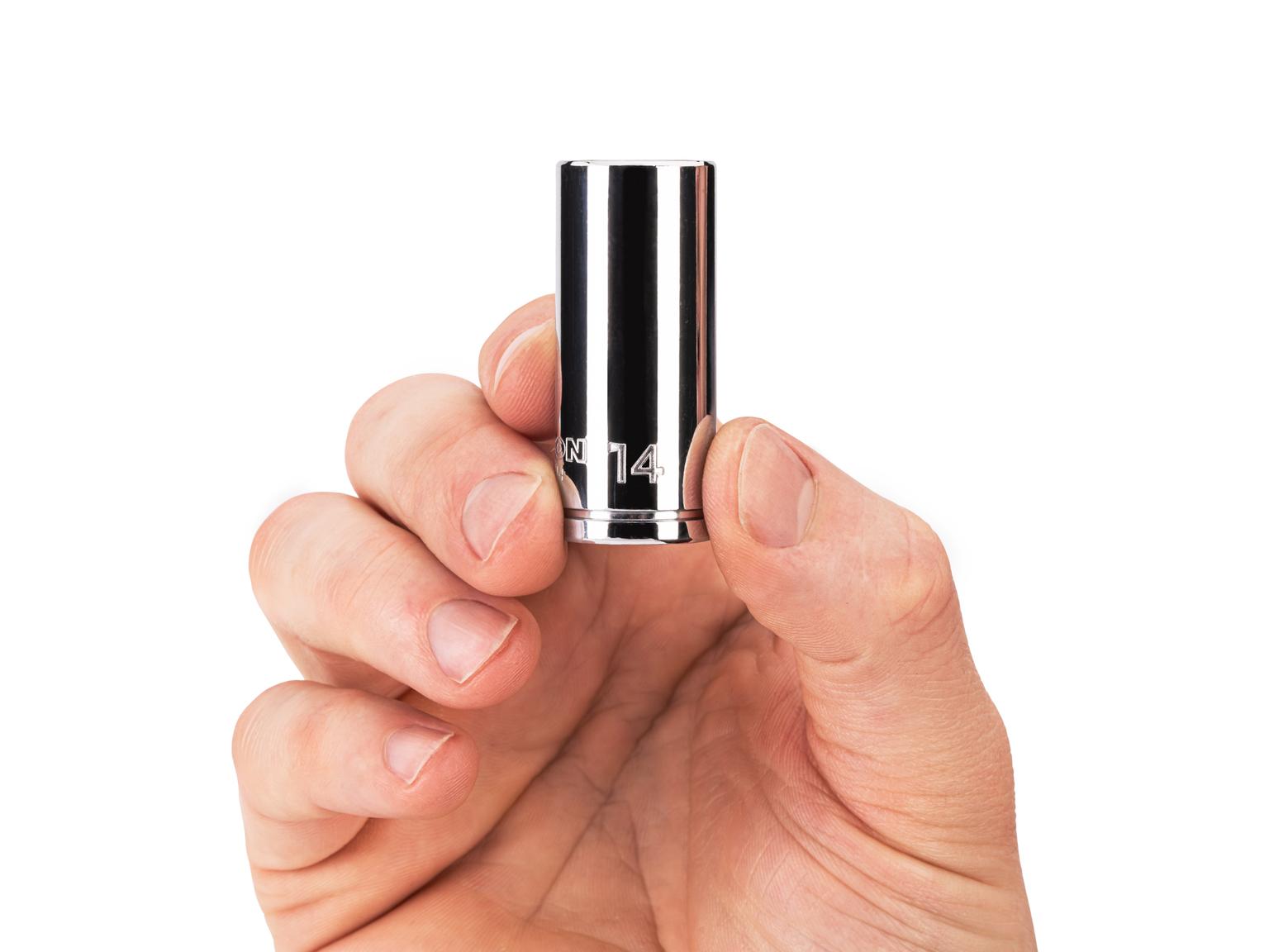Person holding Tekton 14 millimeter hand drive 6-point socket. Item #SHD14114