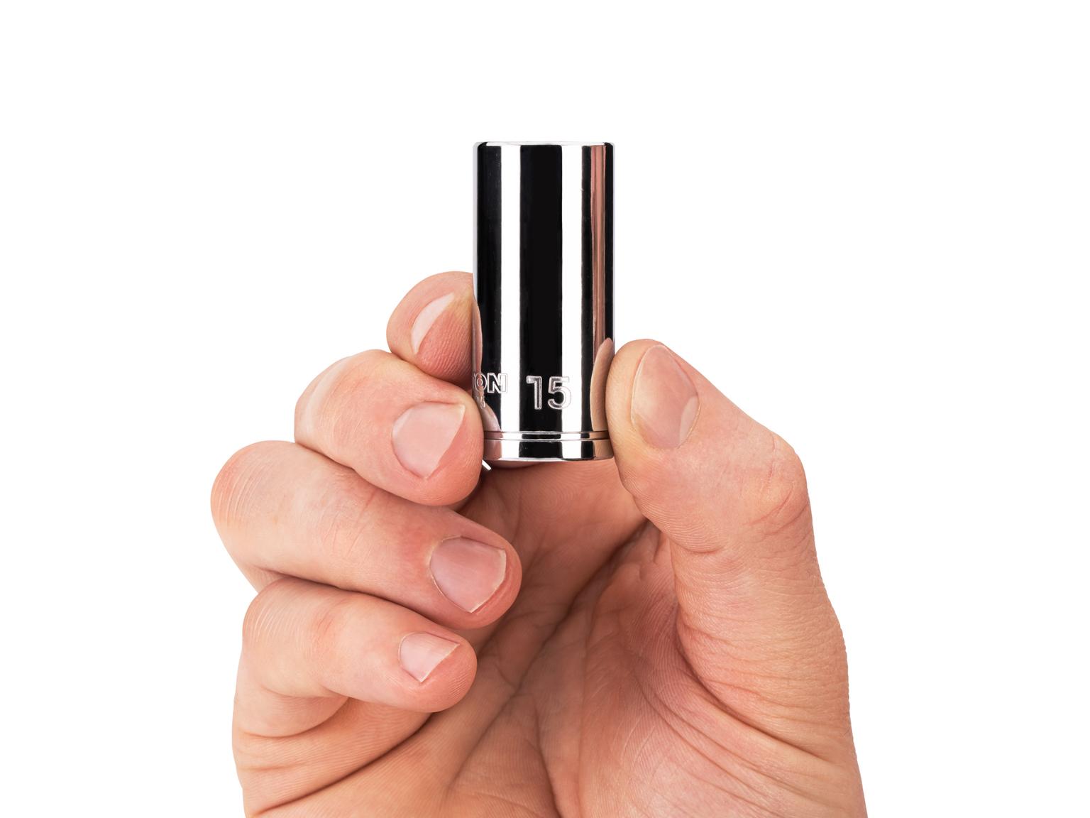Person holding Tekton 15 millimeter hand drive 6-point socket. Item #SHD14115