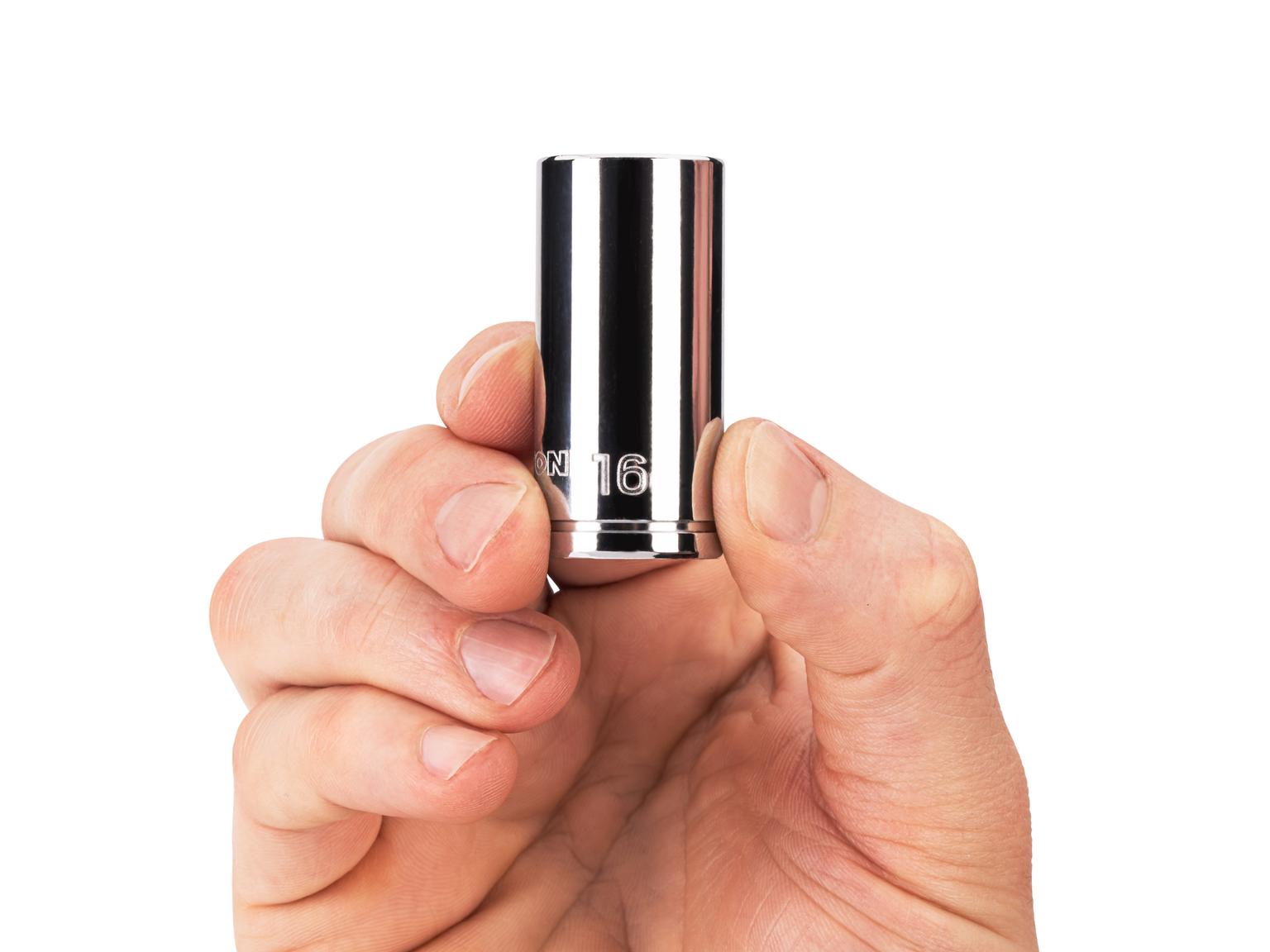 Person holding Tekton 16 millimeter hand drive 6-point socket. Item #SHD14116