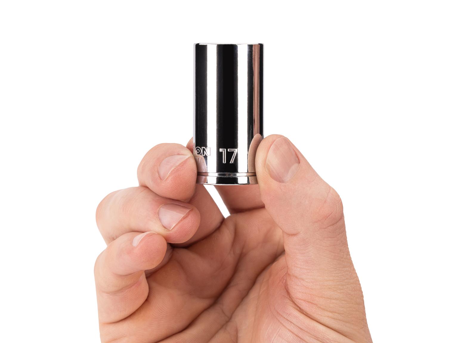 Person holding Tekton 17 millimeter hand drive 6-point socket. Item #SHD14117