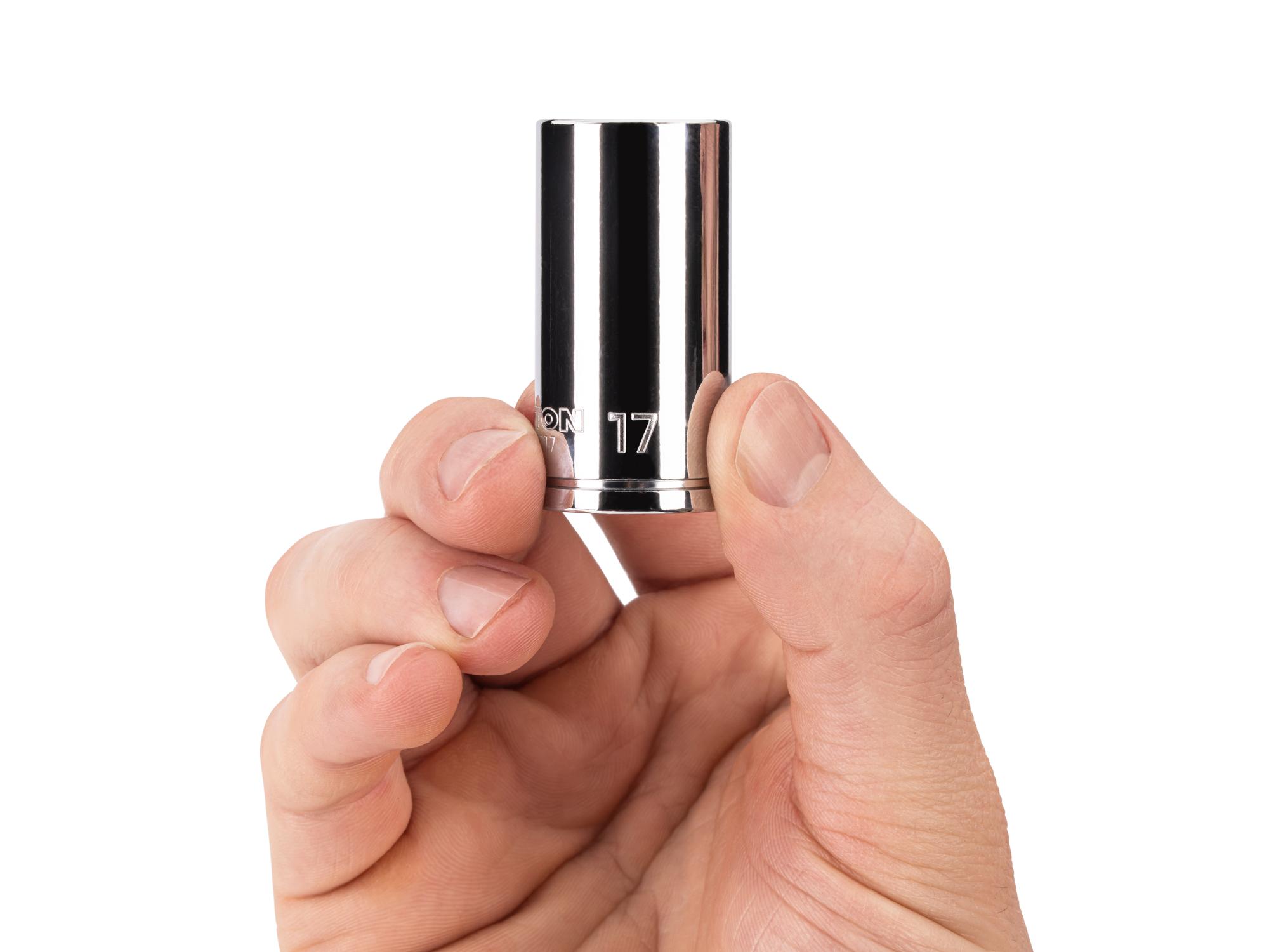 Person holding Tekton hand drive 6-point socket. Item #SHD14117