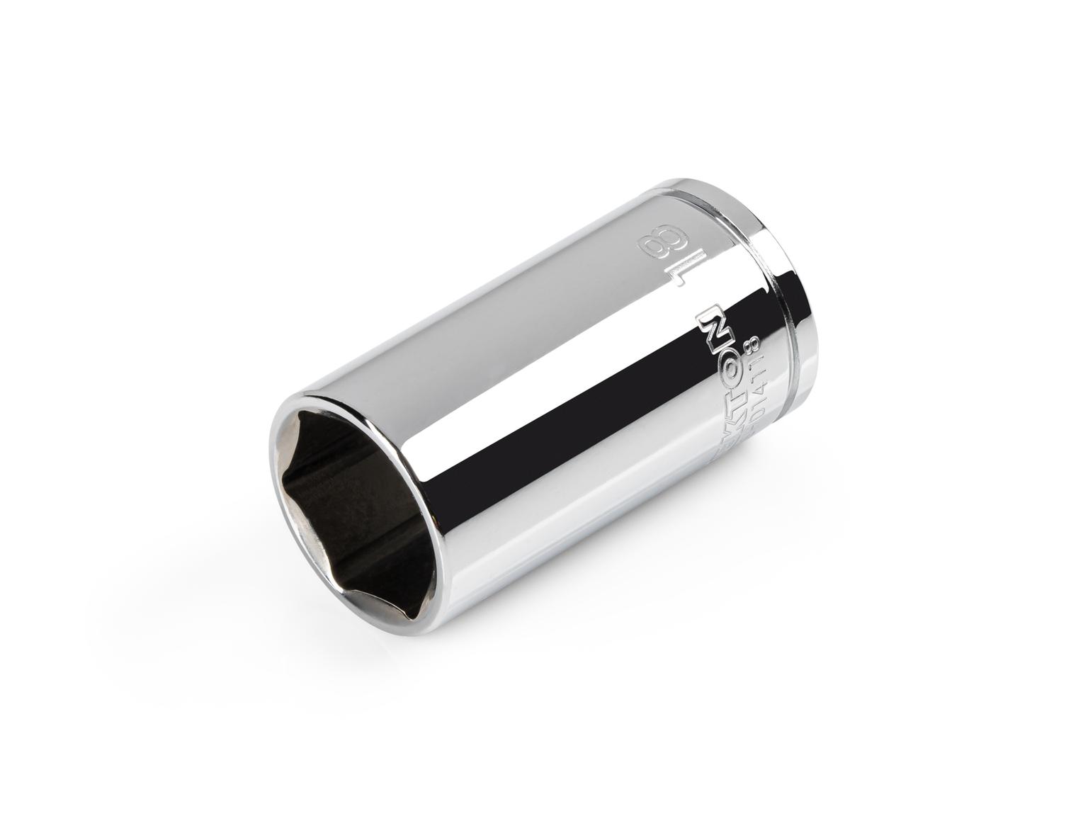 Front-right angle view of Tekton 18 millimeter hand drive 6-point socket. Item #SHD14118