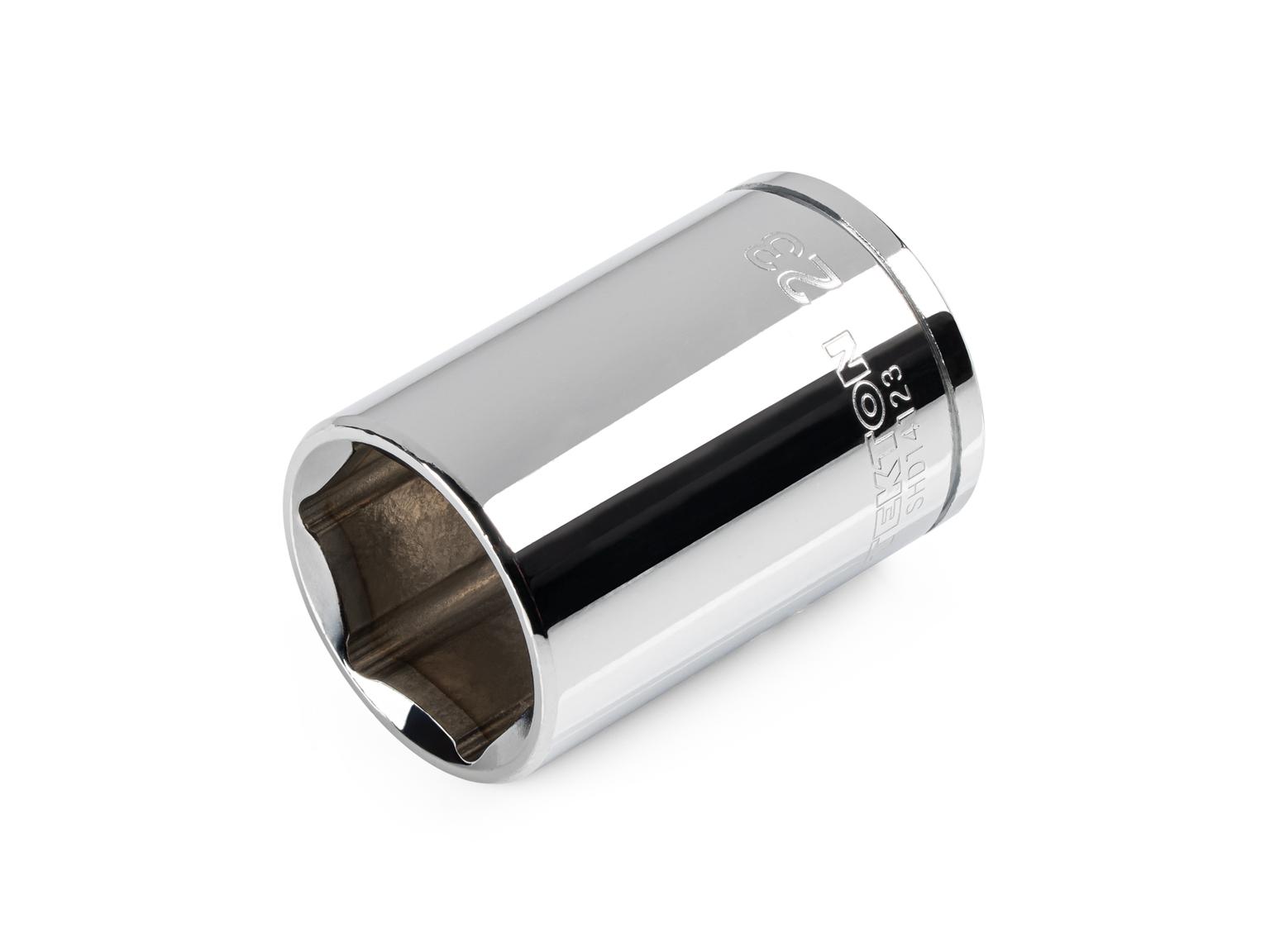 Front-right angle view of Tekton 23 millimeter hand drive 6-point socket. Item #SHD14123