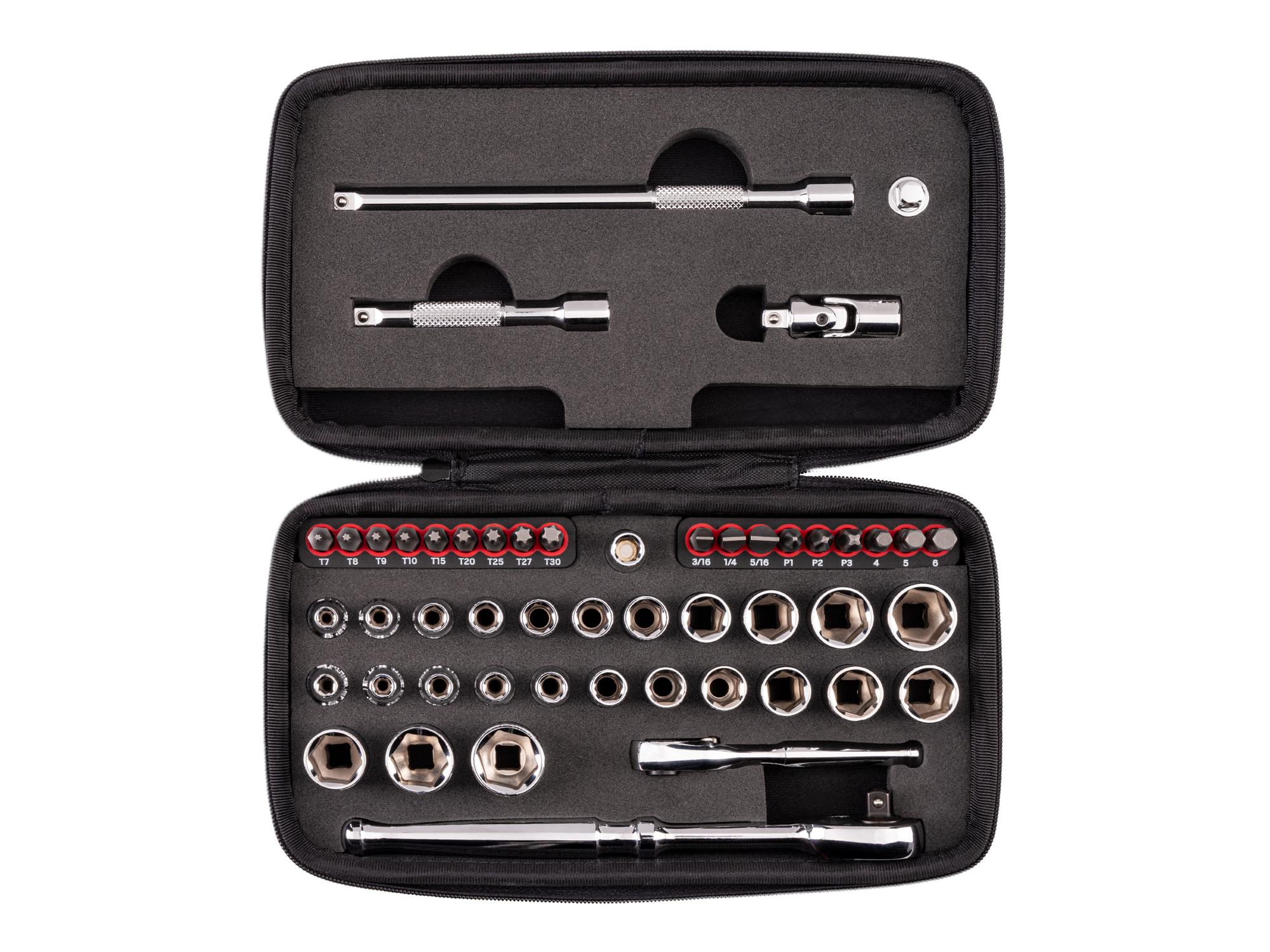 1/4 Inch Drive 6-Point Small Engine Shallow Socket, Bit, and Non-Quick-Release Ratchet Set with Case (50-Piece)