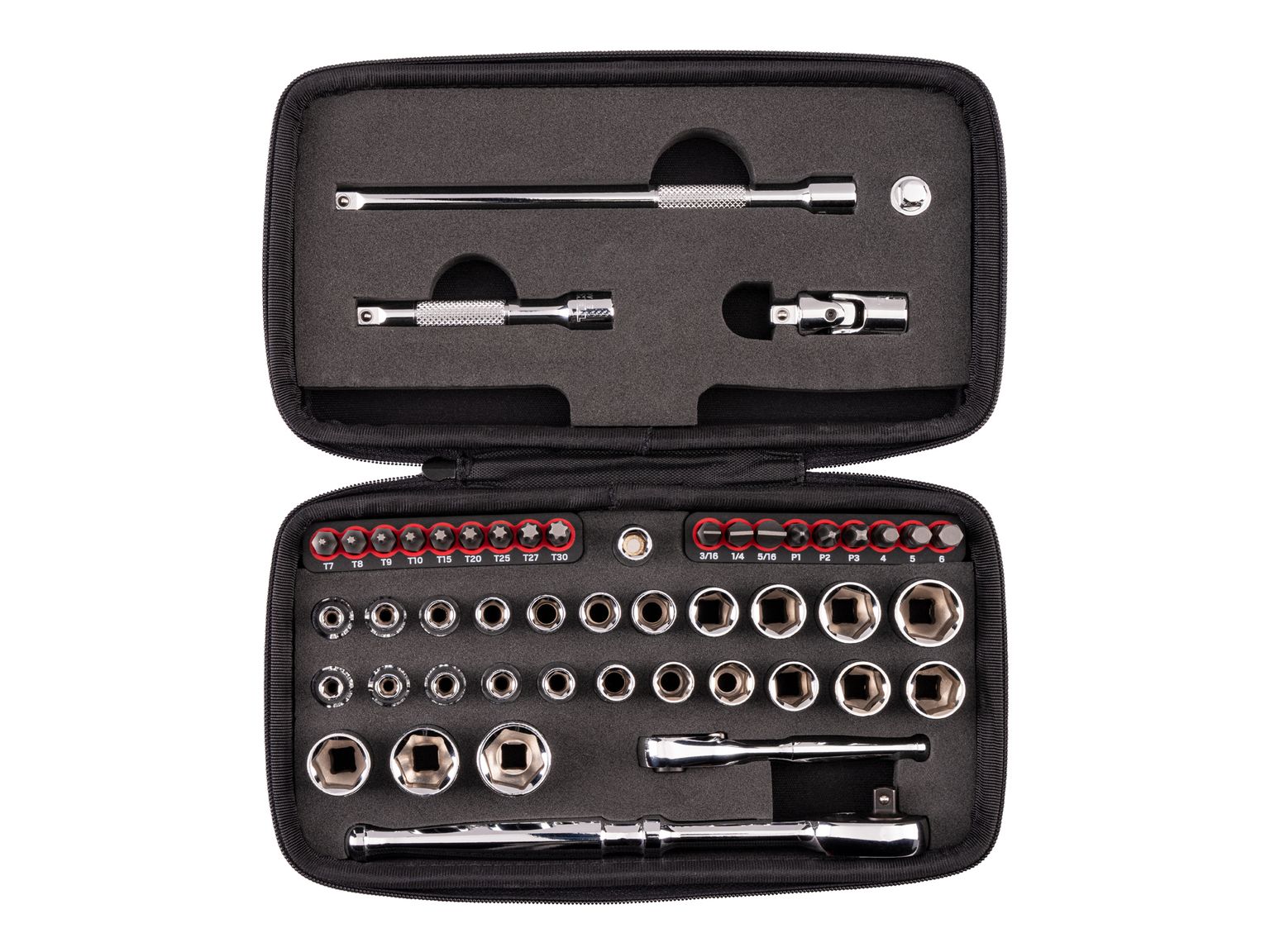 1/4 Inch Drive 6-Point Small Engine Socket, Bit, and Ratchet Set with Case