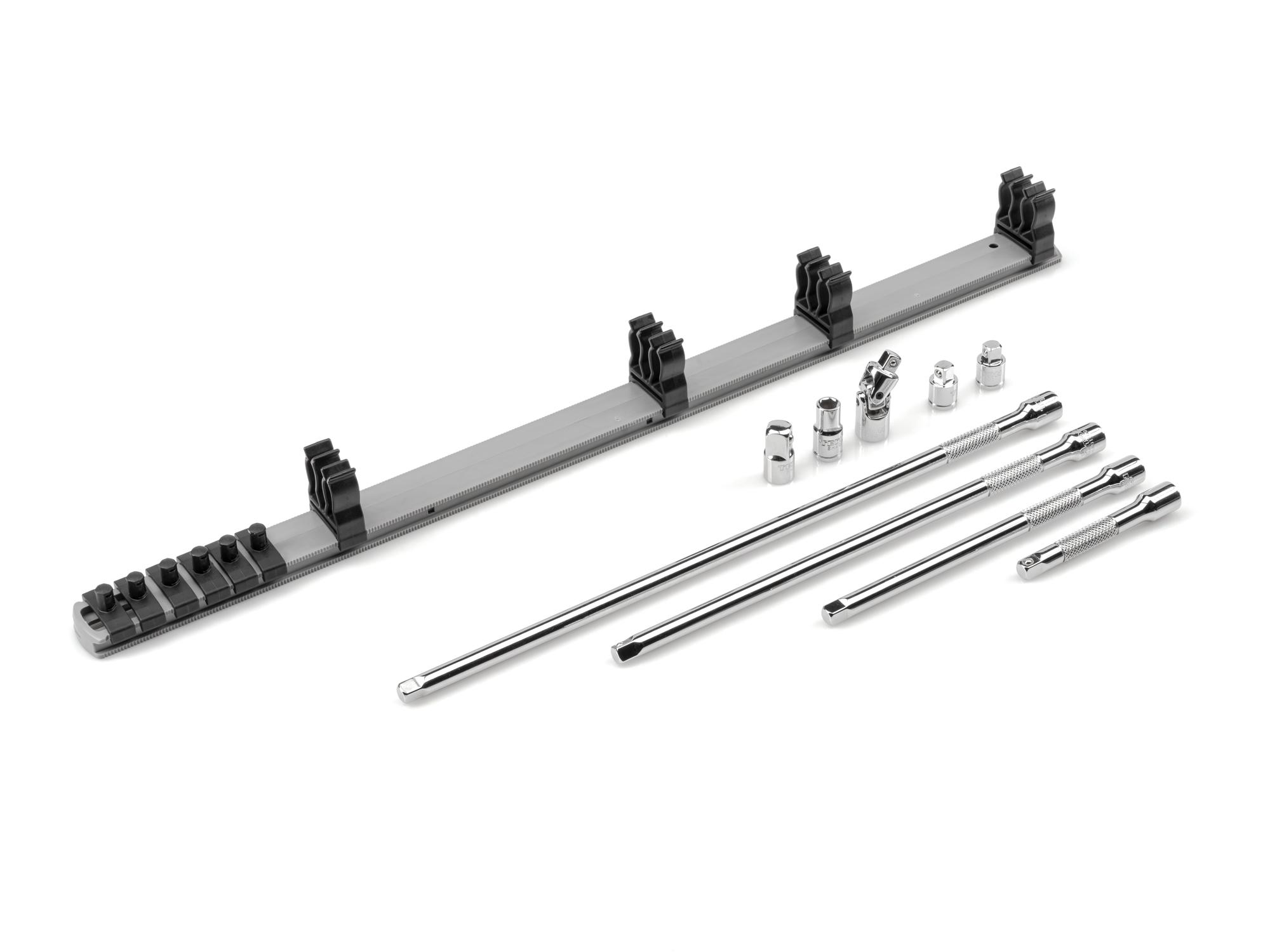 Laid out contents of Tekton rail hand drive accessory set. Item #SHA90101