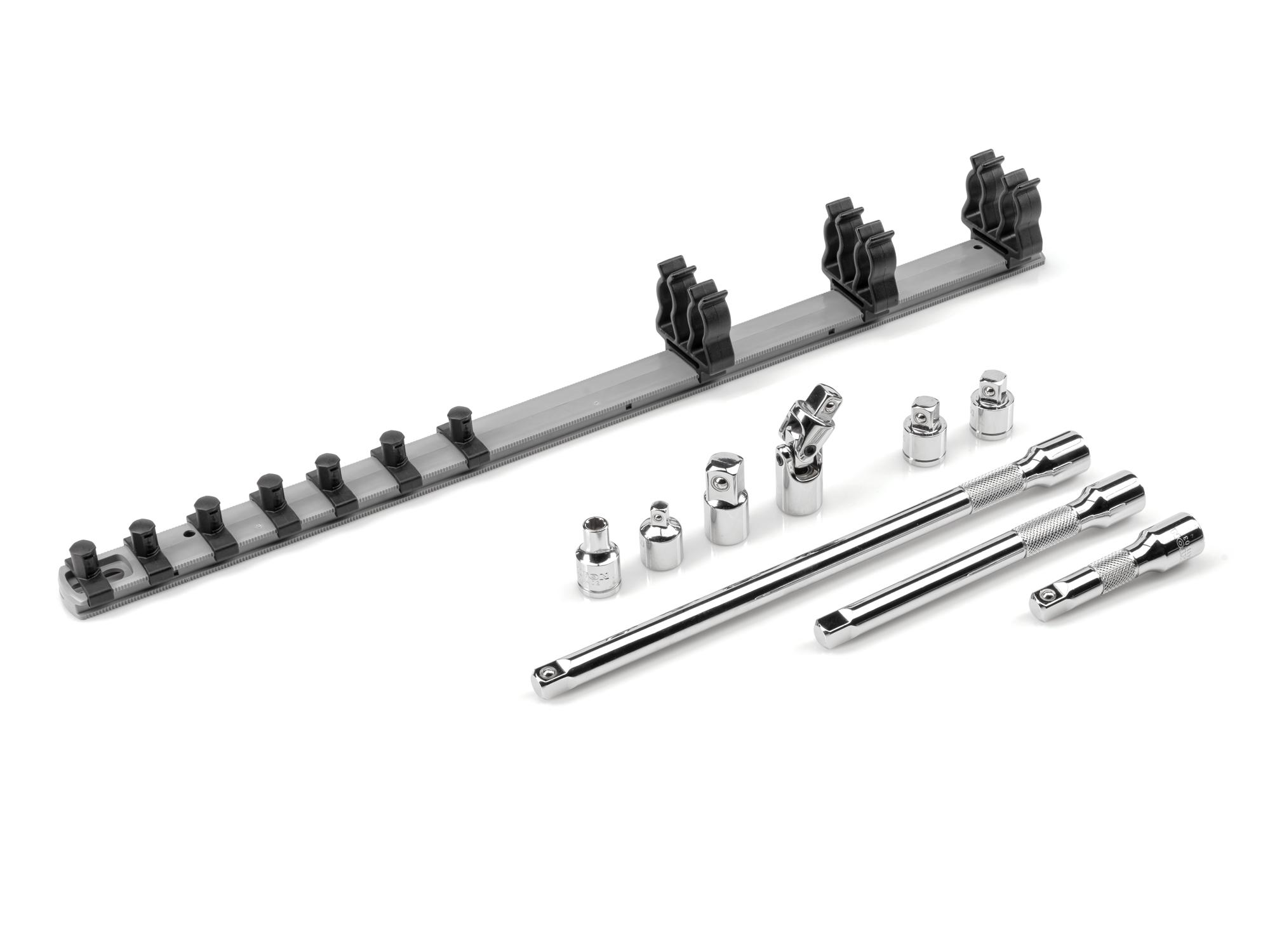 Laid out contents of Tekton rail hand drive accessory set. Item #SHA91101