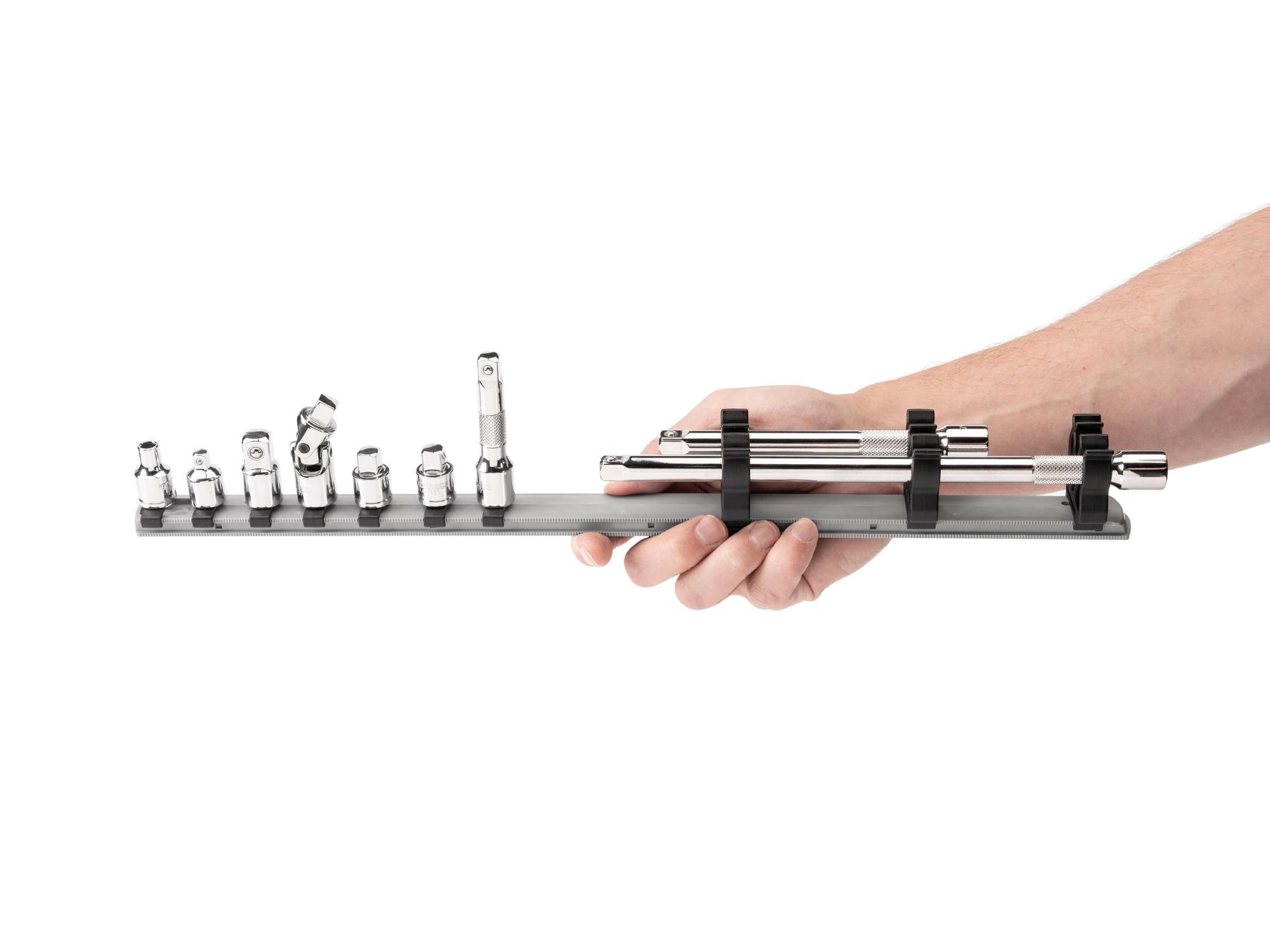 Person holding Tekton rail hand drive accessory set. Item #SHA91101