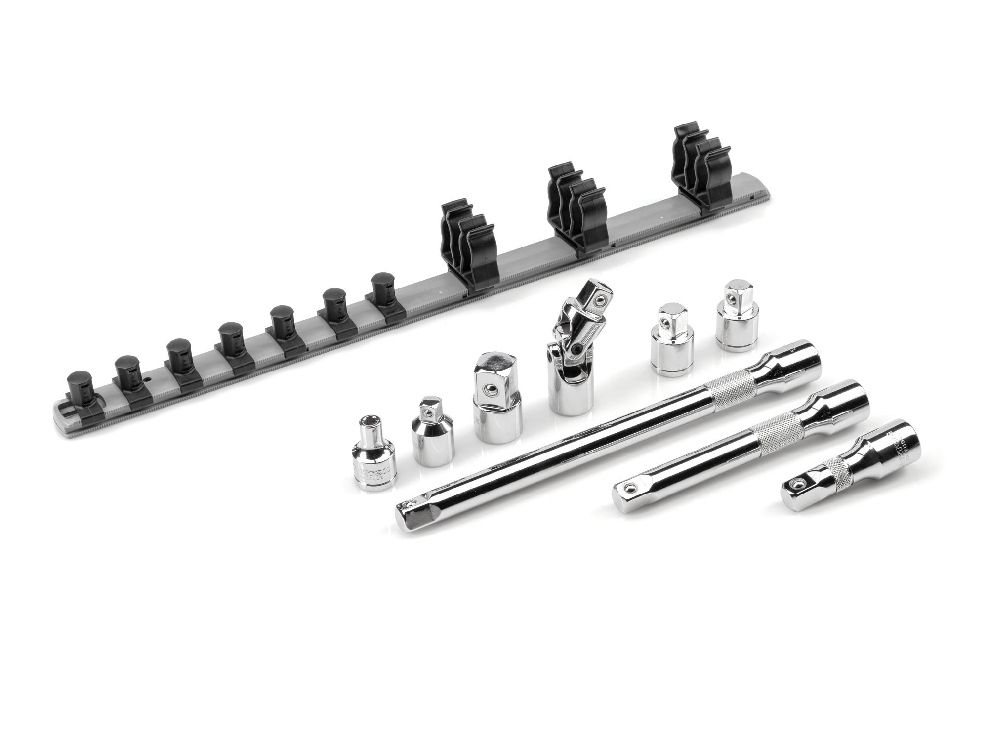 Laid out contents of Tekton rail hand drive accessory set. Item #SHA92101