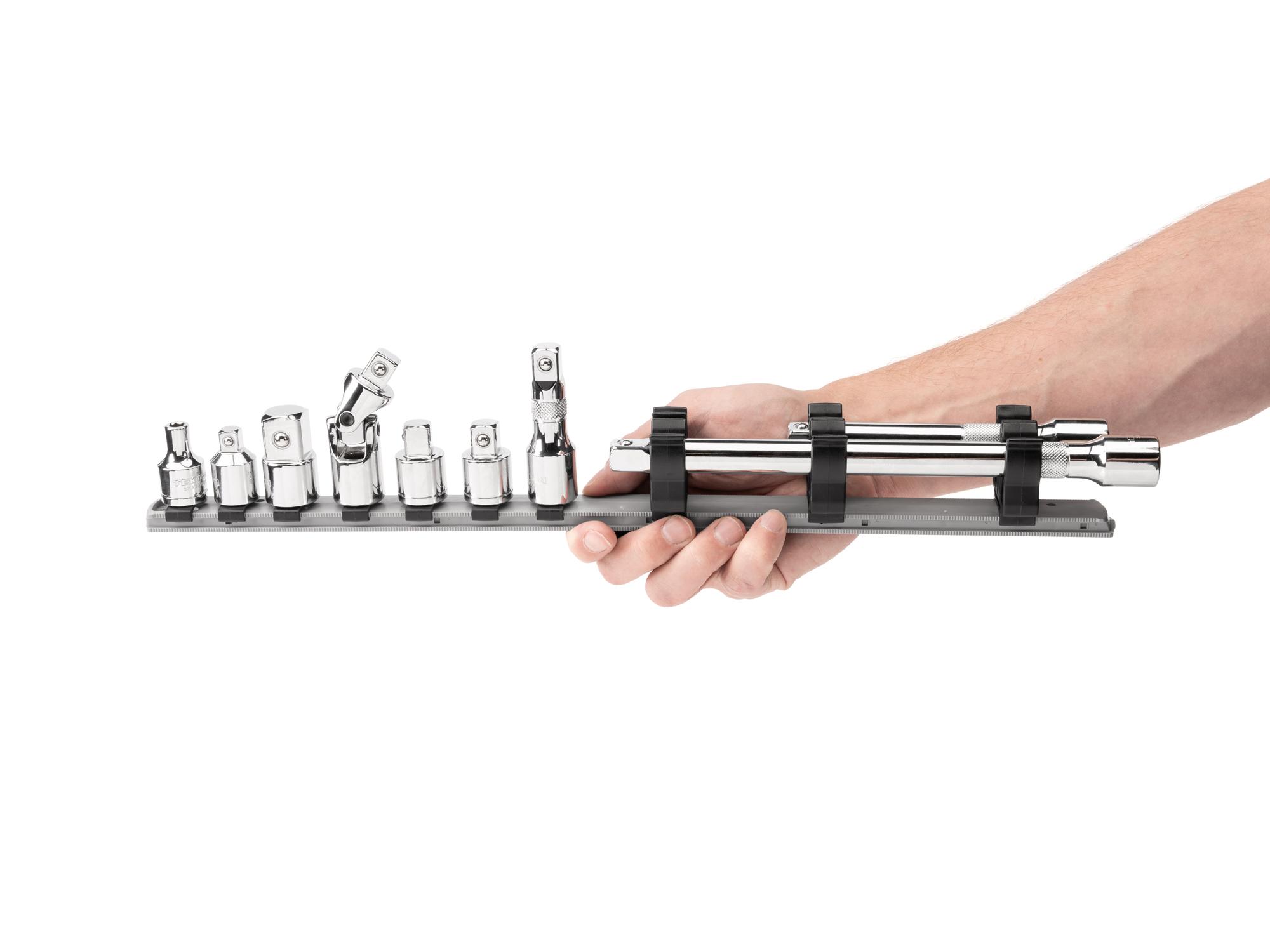 Person holding Tekton rail hand drive accessory set. Item #SHA92101