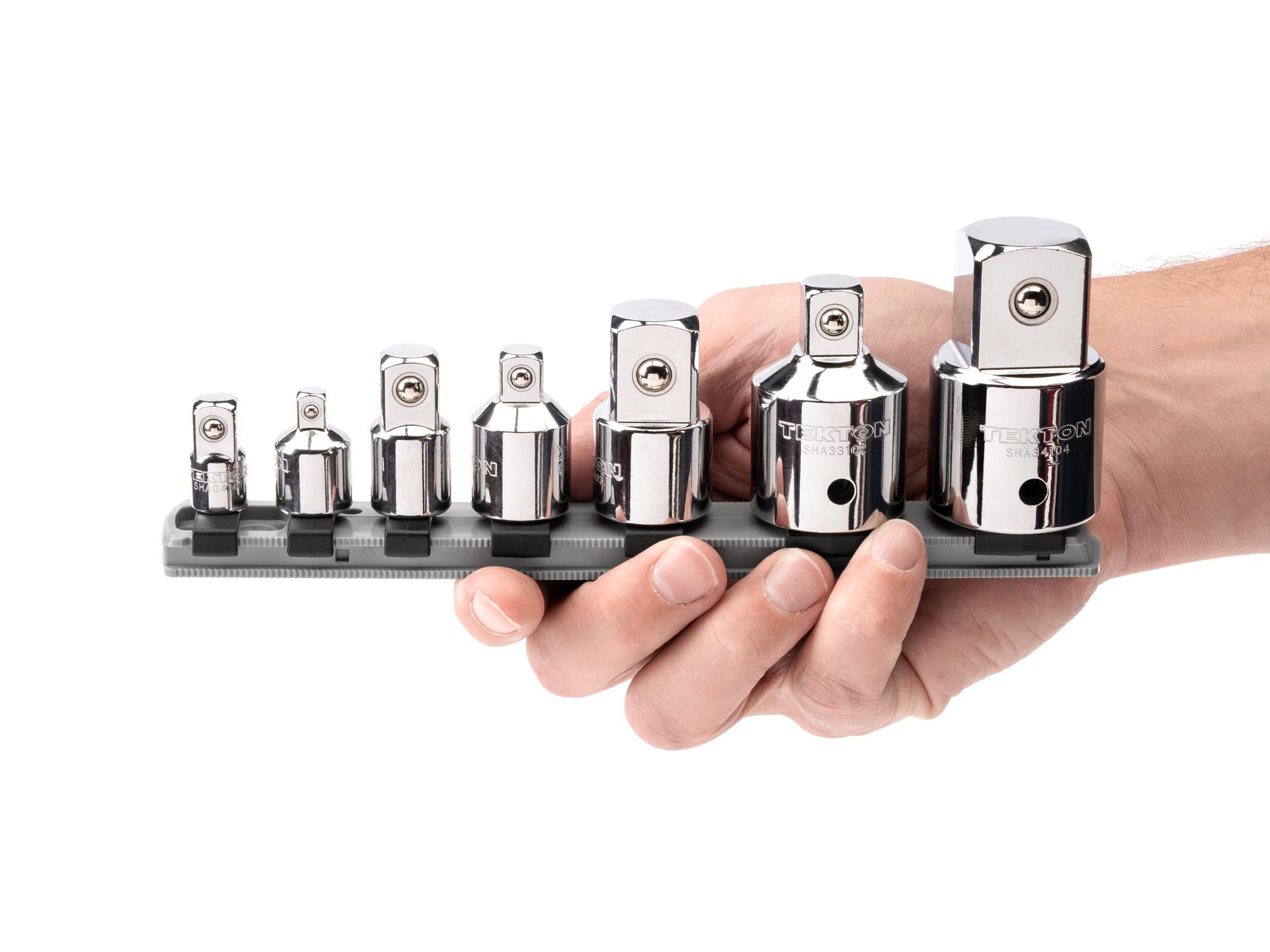 Person holding Tekton 8.1 hand drive accessory set. Item #SHA99119