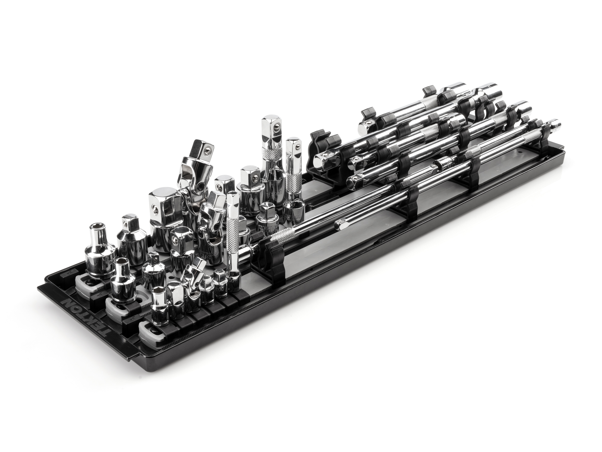 1/4, 3/8, 1/2 Inch Drive Extension and Accessory Set with Rails and Tray (27-Piece)