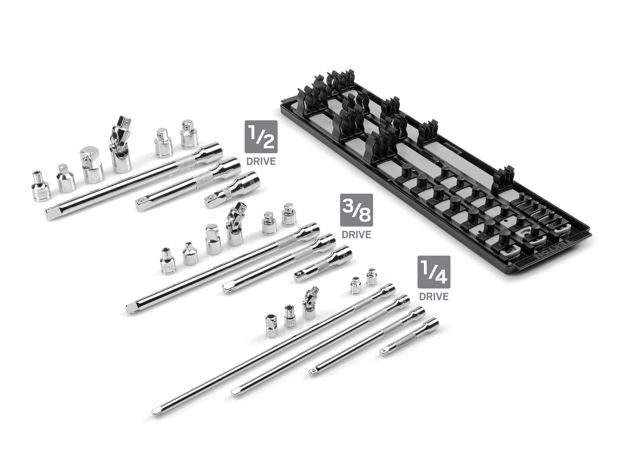 TEKTON 1/4, 3/8, 1/2 Inch Drive Extension and Accessory Set with Rails and Tray (27-Piece)