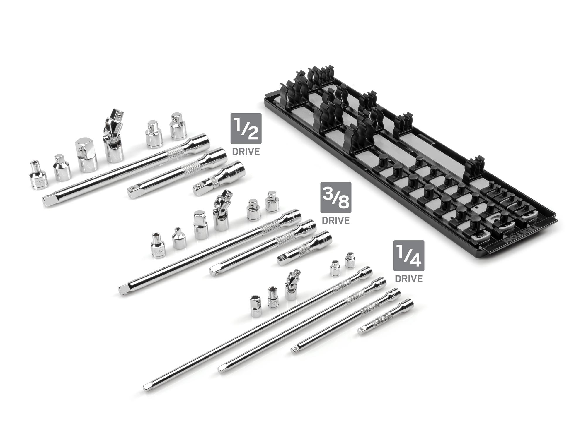 Laid out contents of Tekton 19.7 hand drive accessory set. Item #SHA99201