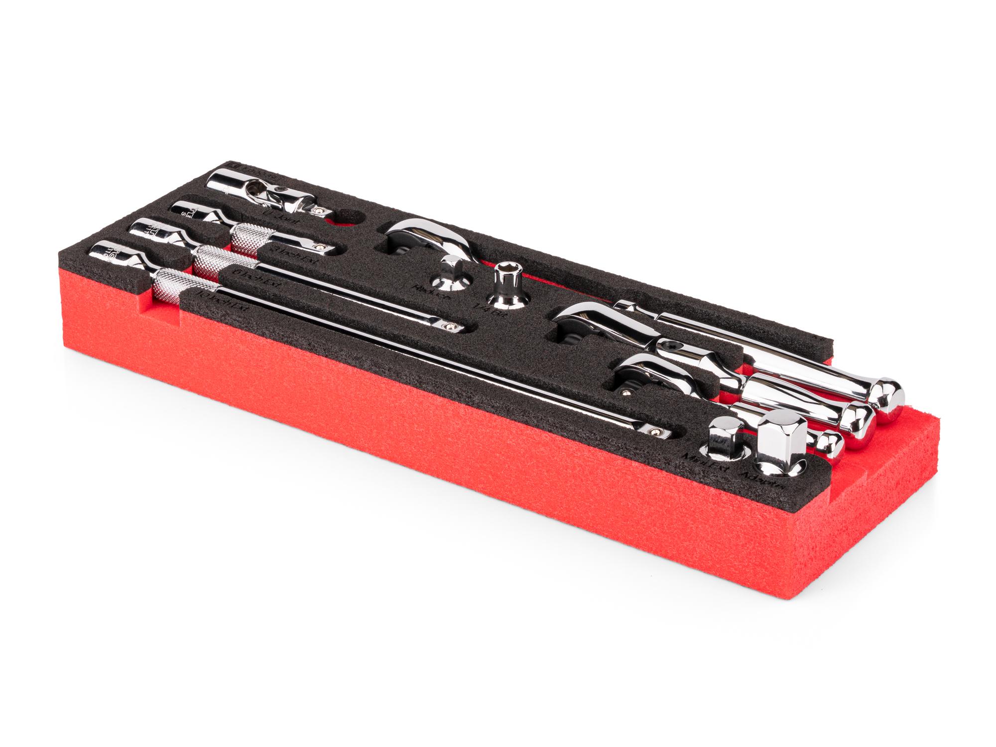 Angled view of red Tekton 1/4 inch drive ratchet and accessory set with 12 x 4 inch foam organizer. SKT08400