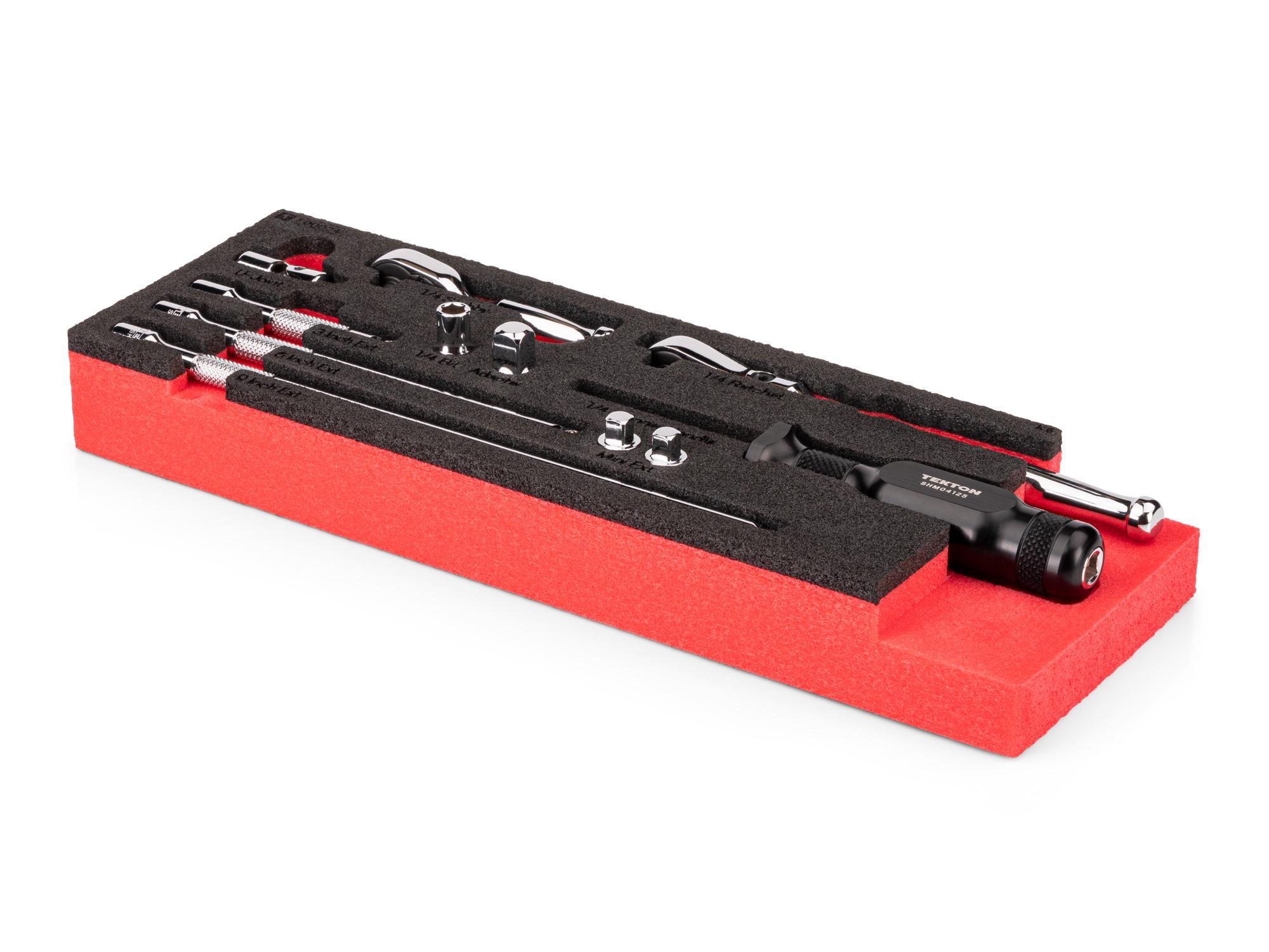 Angled view of red Tekton 3/8 inch drive ratchet and accessory set with 12 x 4 inch foam organizer. SKT18400
