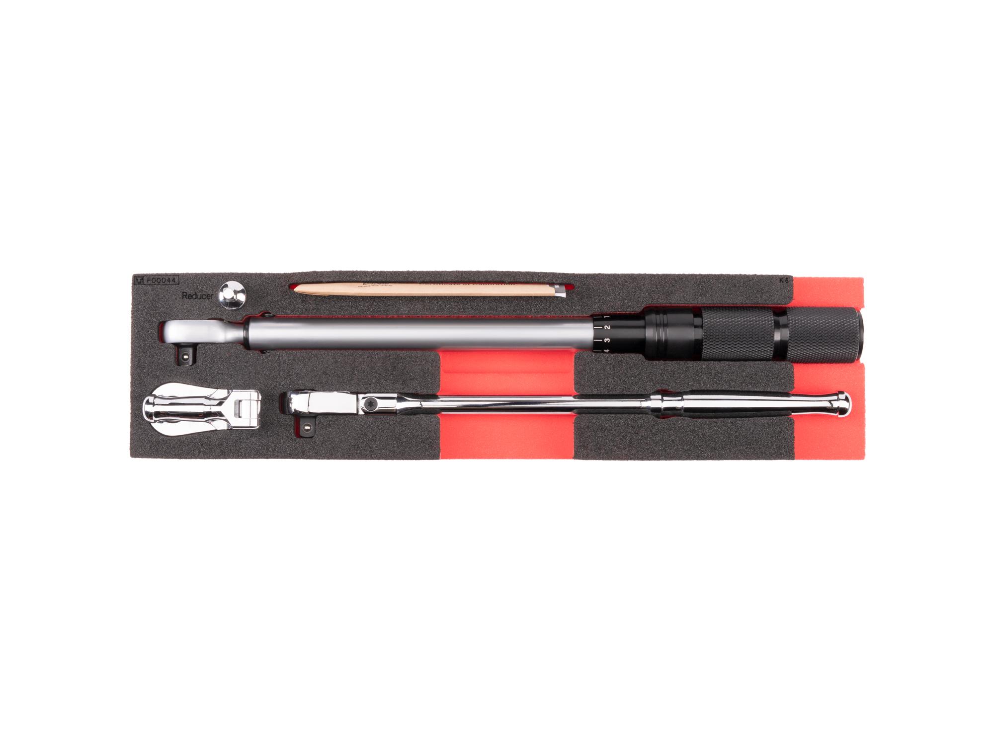 Top view of Tekton 3/8 inch drive torque wrench and ratchets set with foam organizer. SKT18401