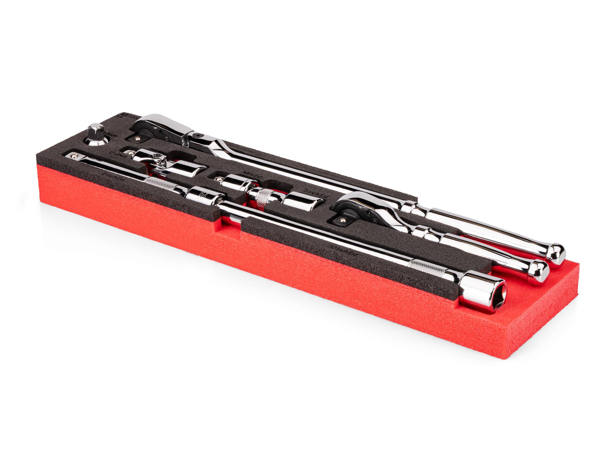 Angled view of red Tekton 1/2 inch drive ratchet and accessory set with 16 x 4 inch foam organizer. SKT28400