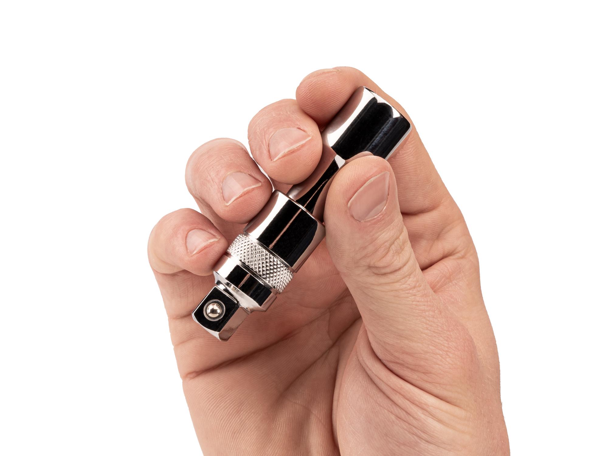 Person holding Tekton 3 inch hand drive accessory set. Item #SHA11203