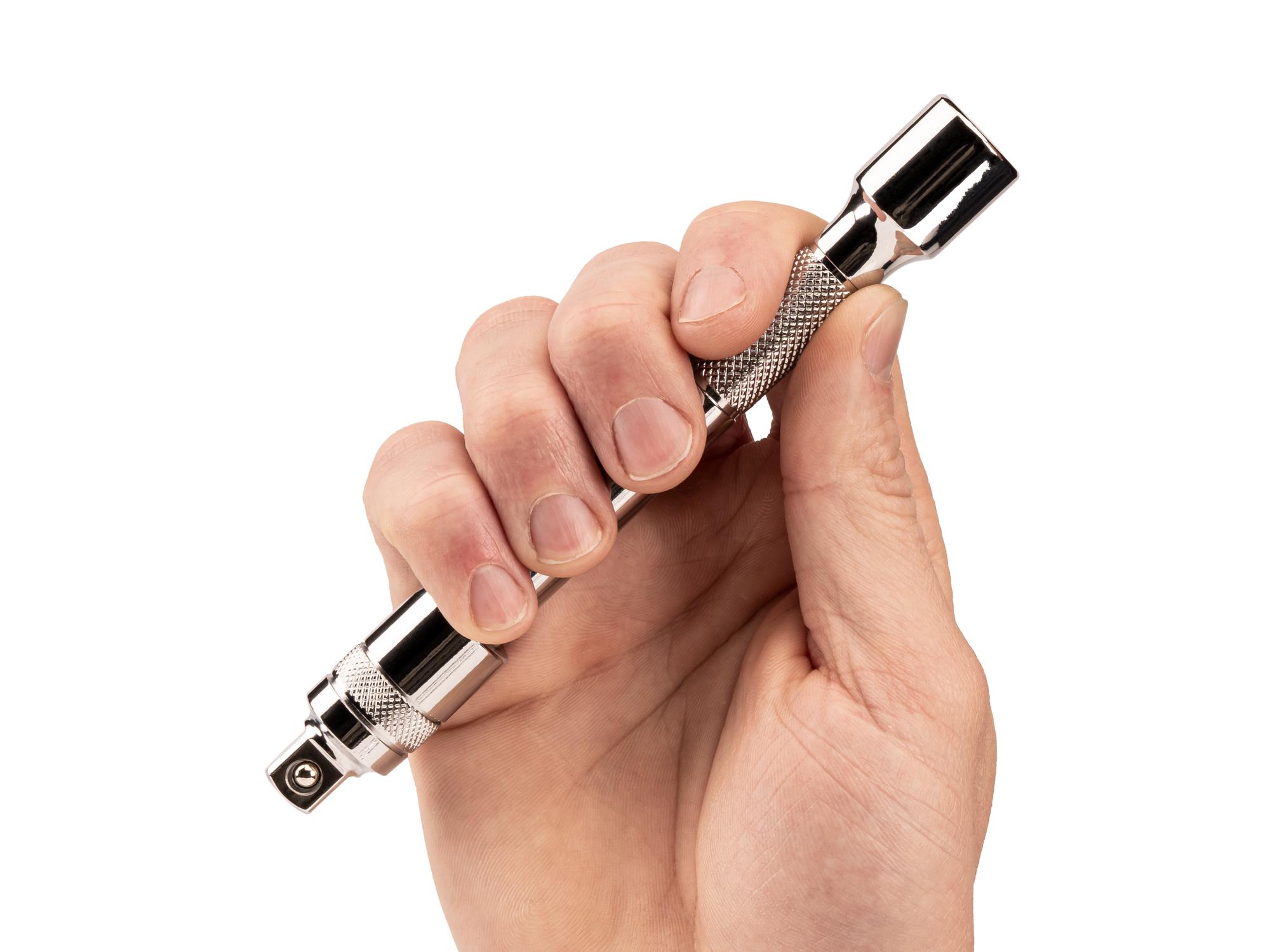 Person holding Tekton 6 inch hand drive accessory set. Item #SHA11206
