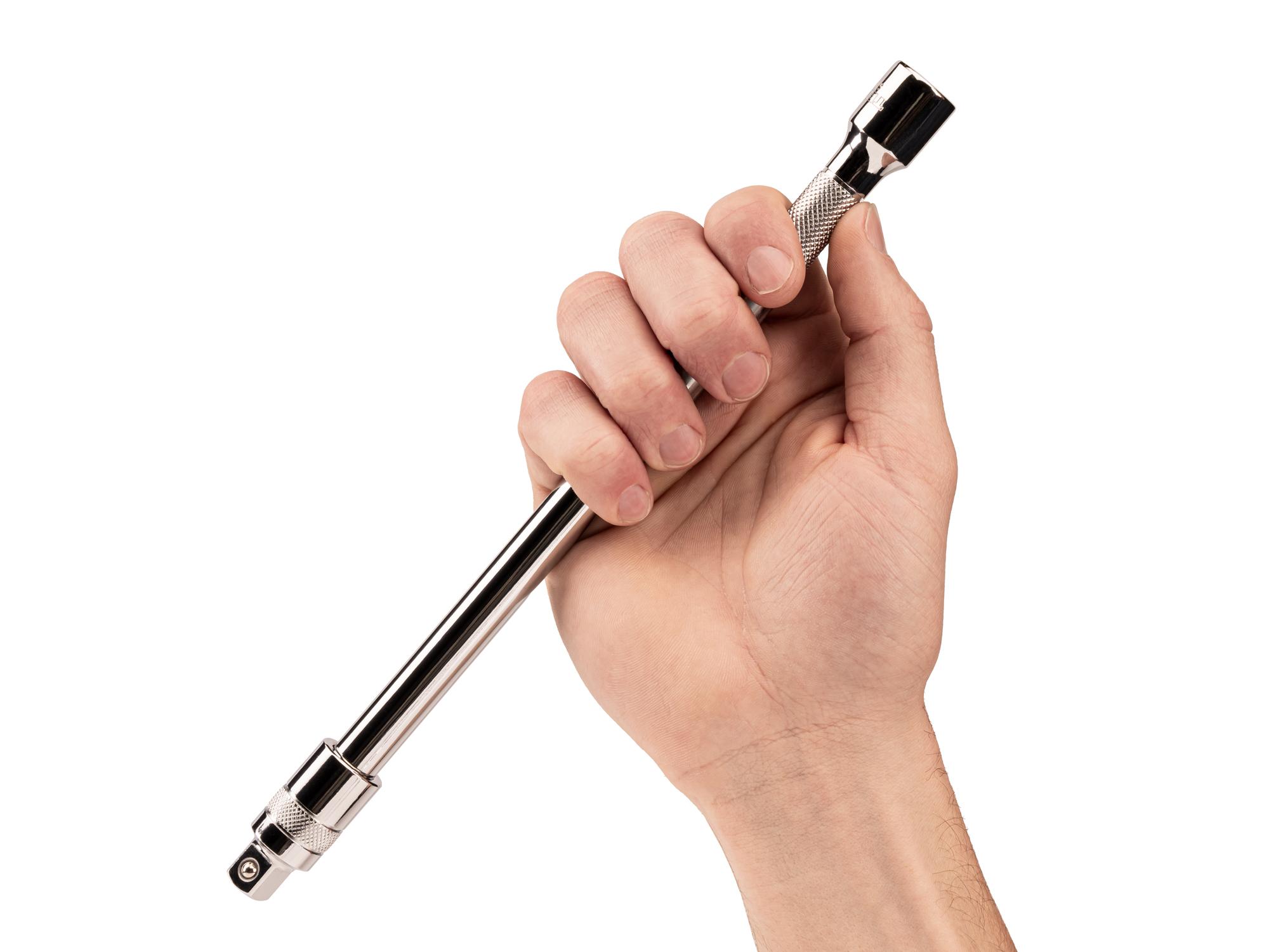 Person holding Tekton 10 inch hand drive accessory set. Item #SHA11210
