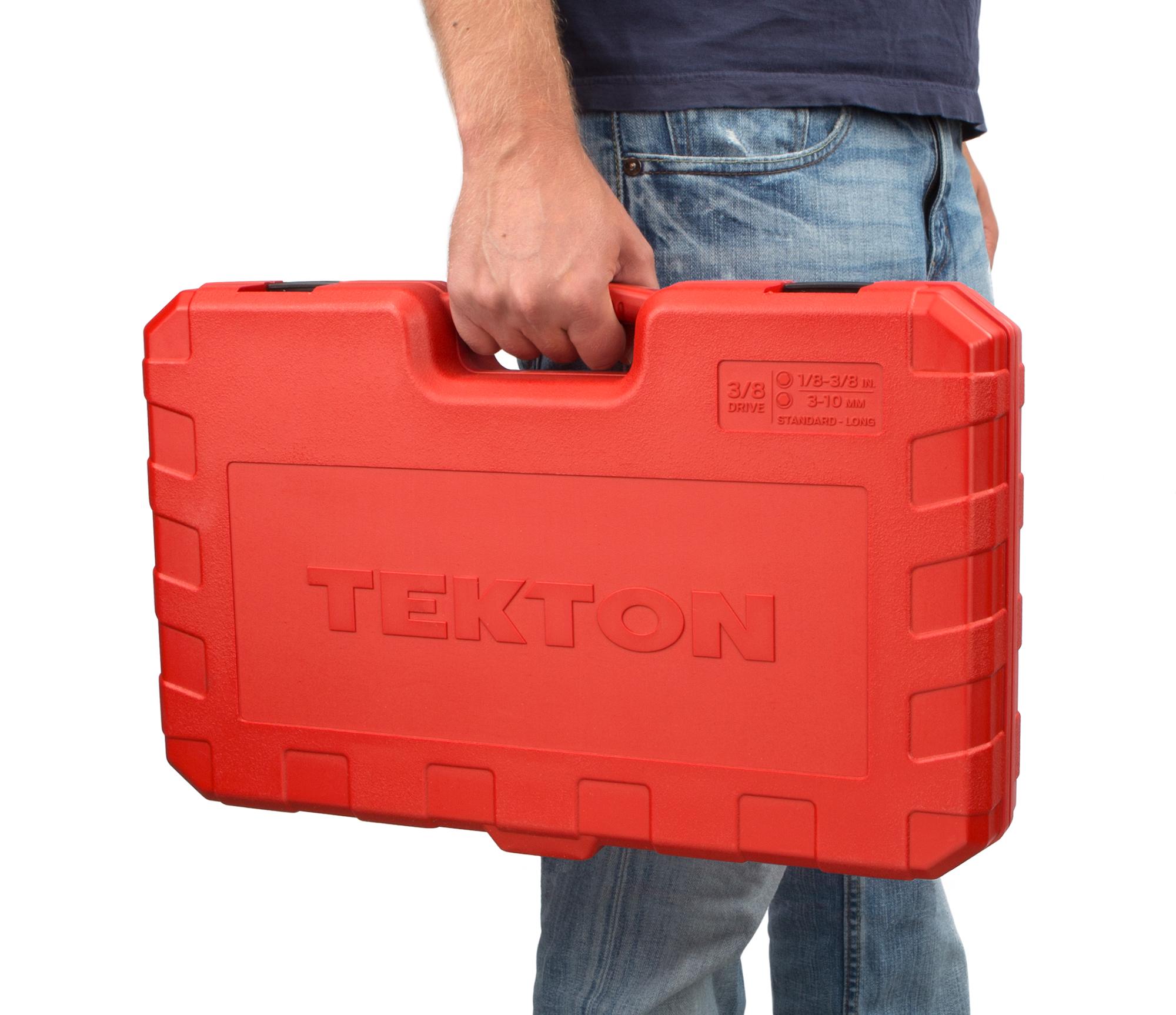 Person holding Tekton case hand drive bit and external star socket set. Item #SHB91304