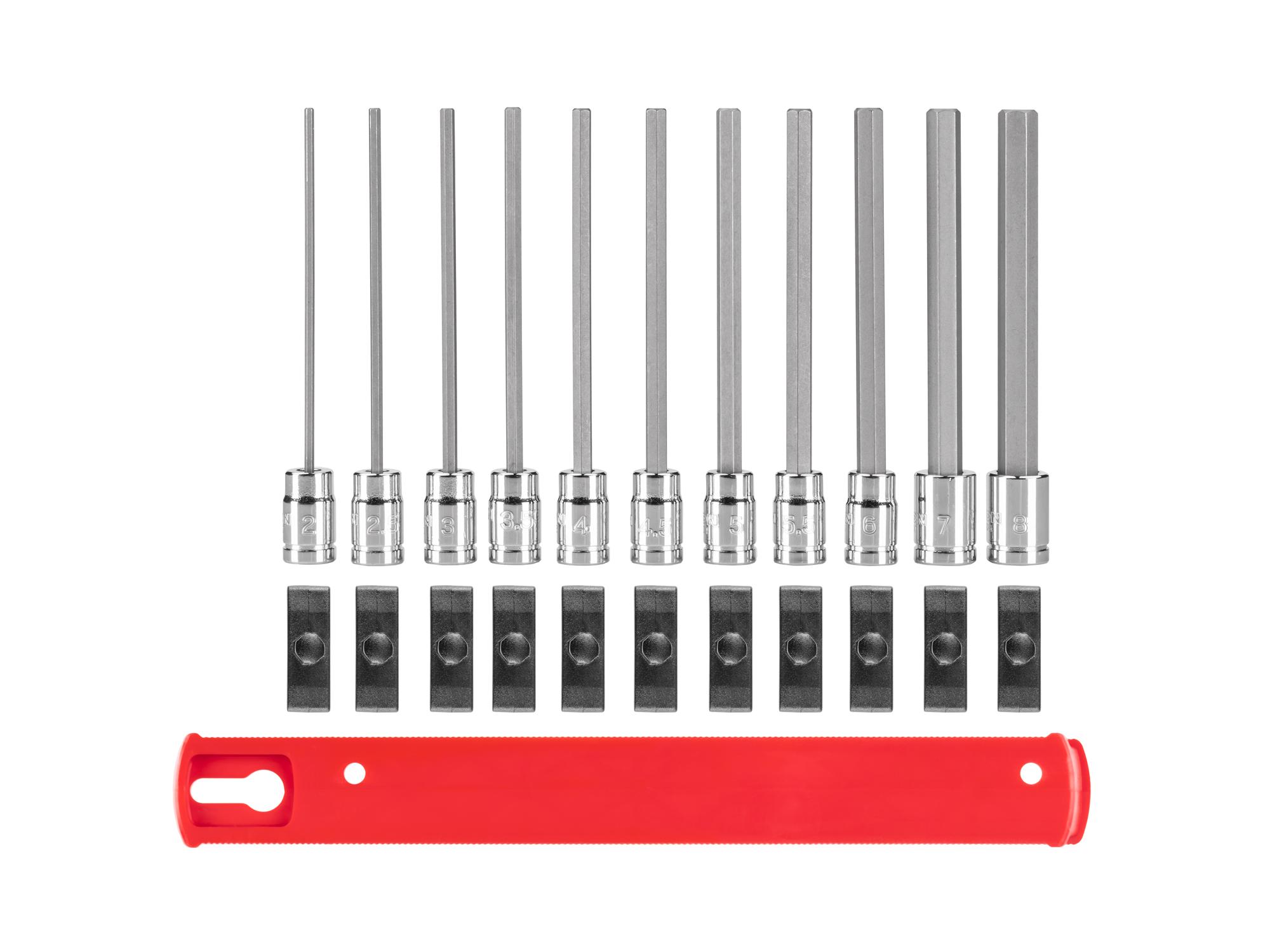Laid out contents of Tekton rail hand drive bit socket set. Item #SHB90107