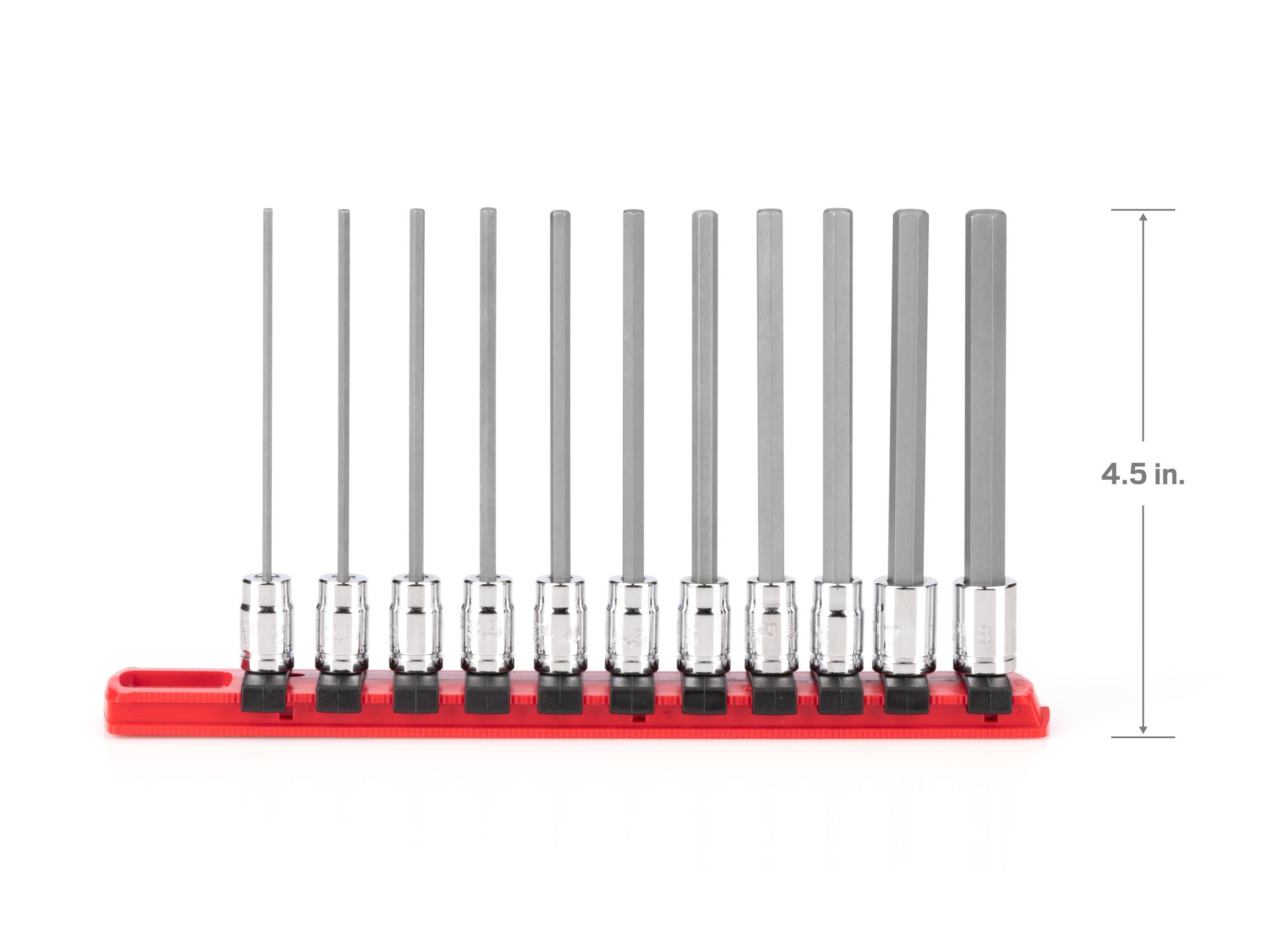 Dimensions for Tekton rail hand drive bit socket set. Item #SHB90107