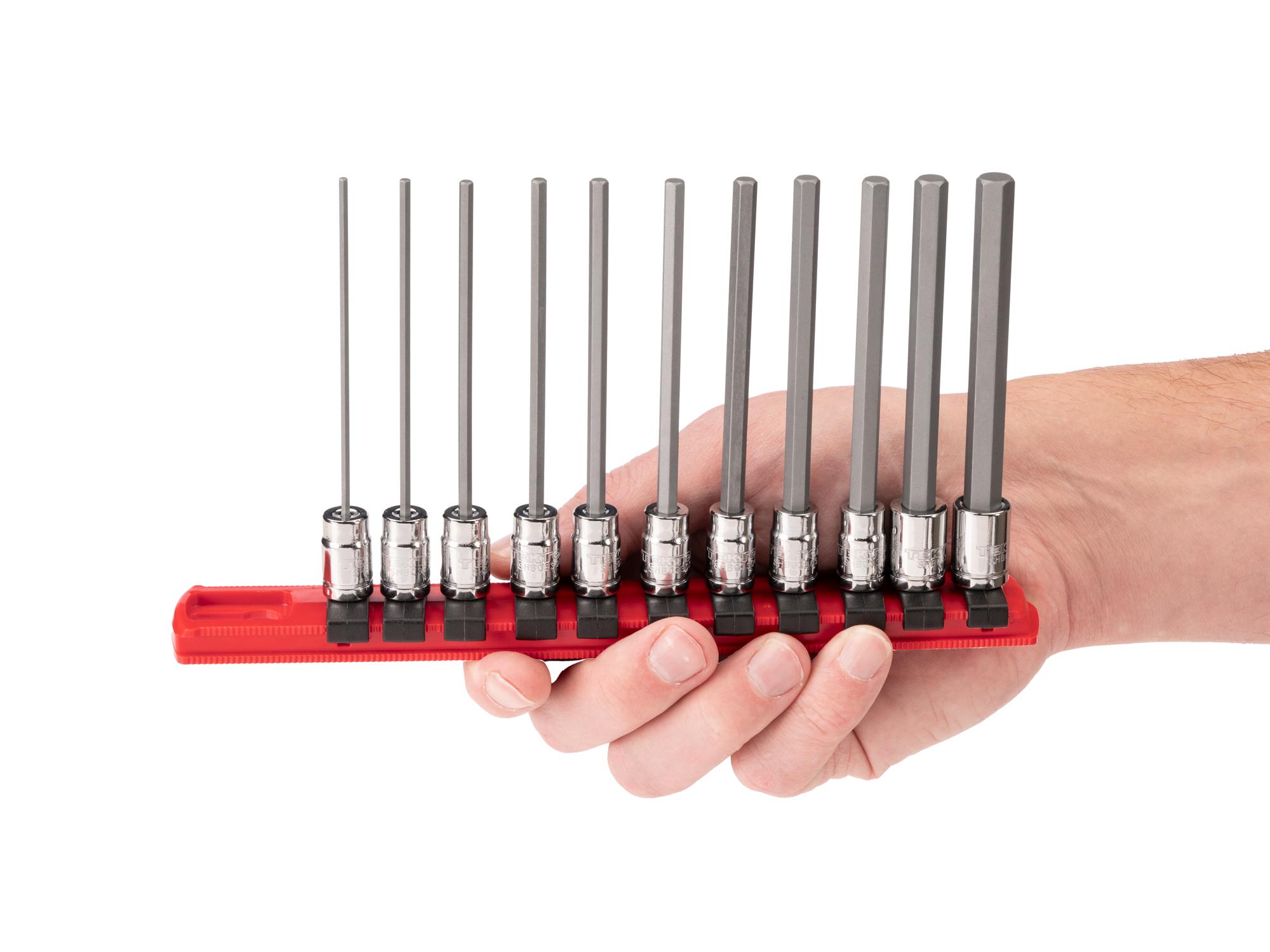 Person holding Tekton rail hand drive bit socket set. Item #SHB90107