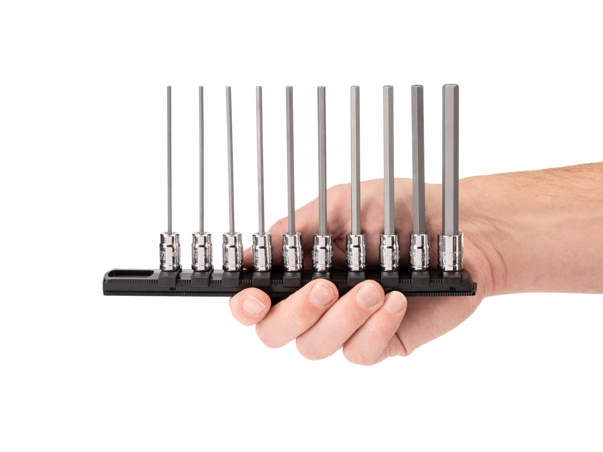 Person holding Tekton rail hand drive bit socket set. Item #SHB90108